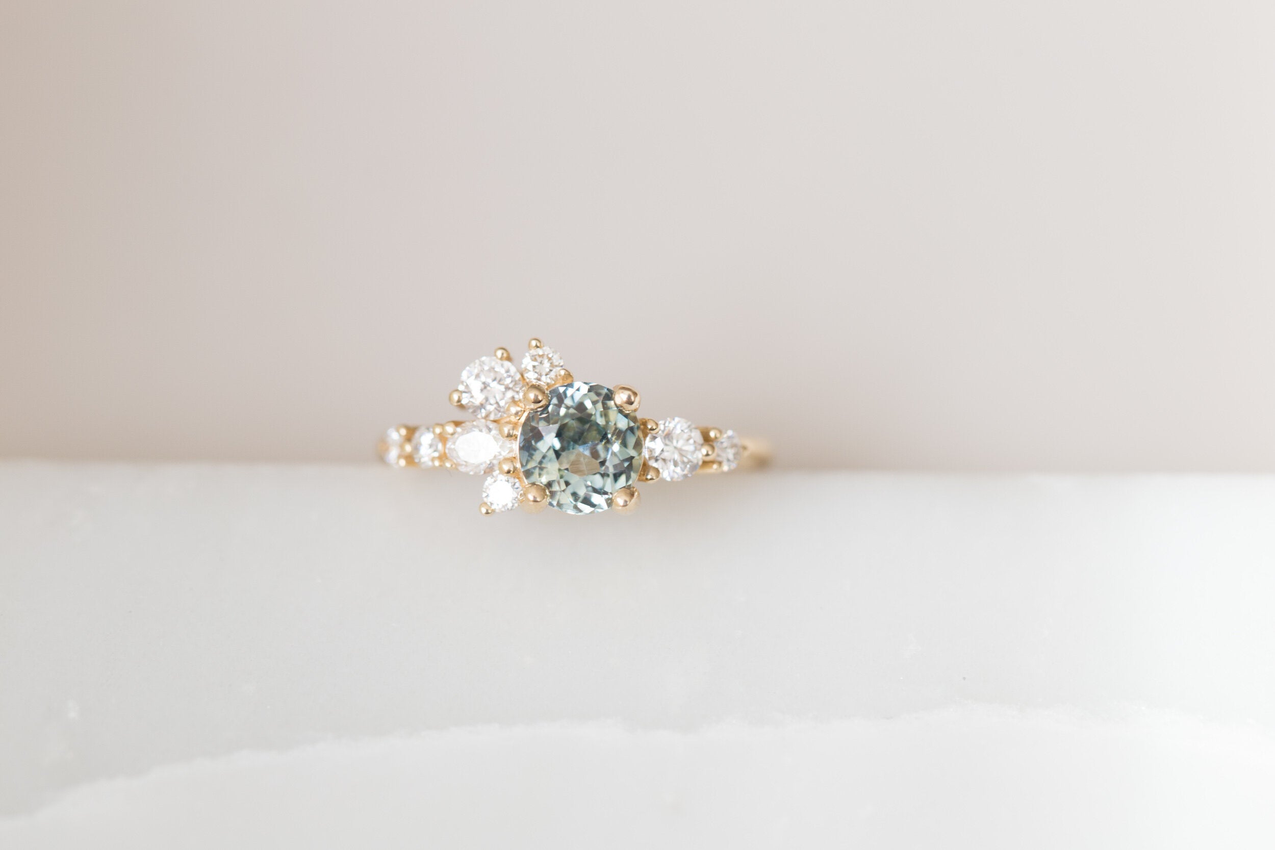 Ilia Ring | Blue Green Round Sapphire + Diamond Cluster Engagement Ring | 14k Recycled Gold | One of a Kind