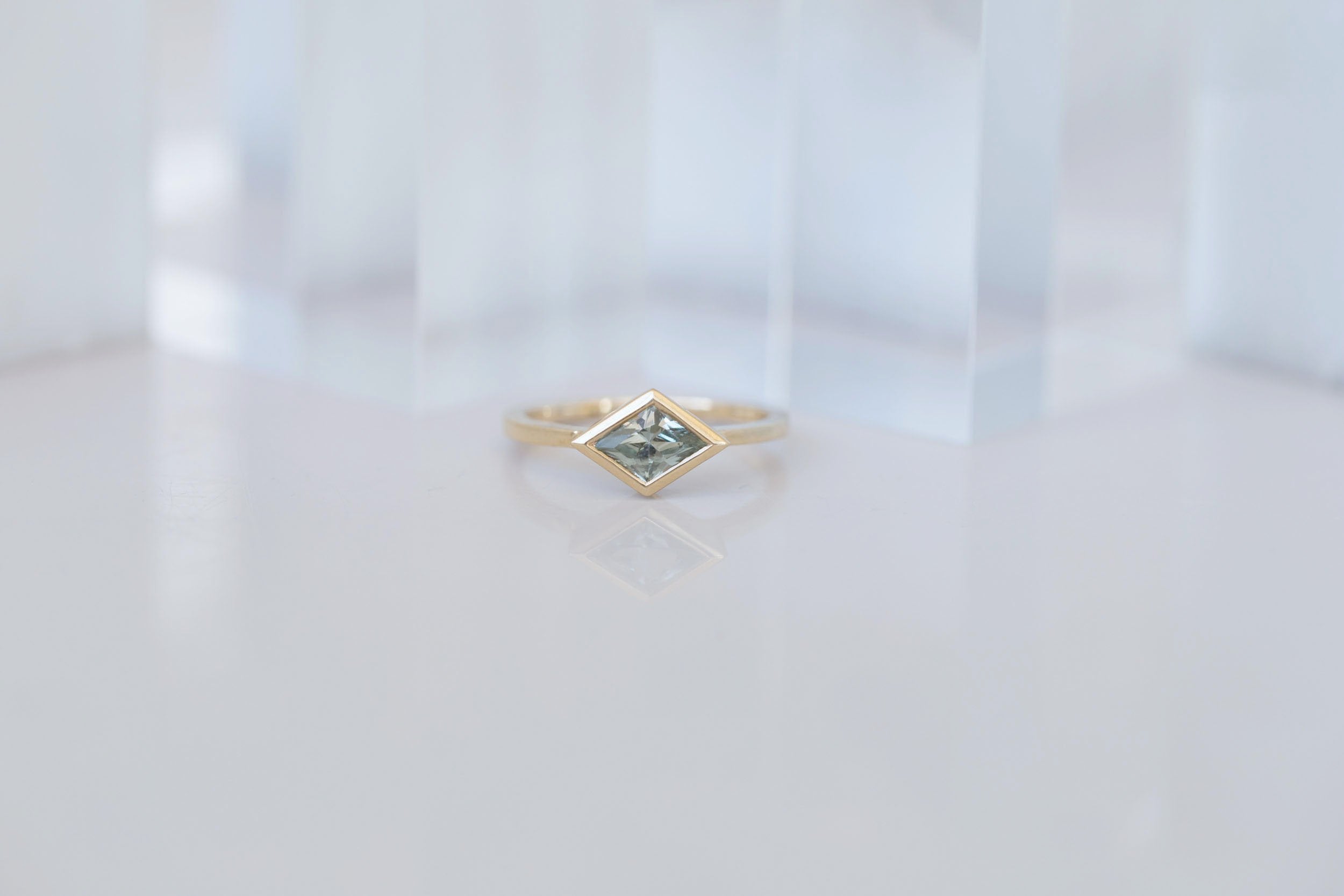 Avens Ring | Mint Sapphire Rhombus Solitaire Engagement Ring 0.85 ct | 14k Recycled Gold | One of a Kind