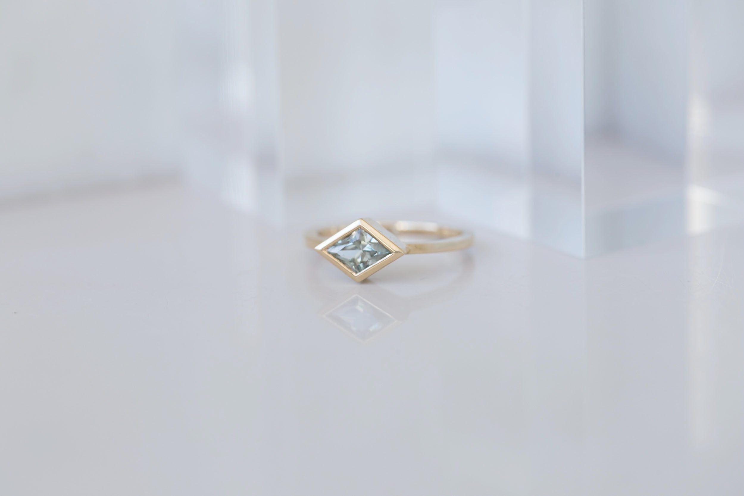 Avens Ring | Mint Sapphire Rhombus Solitaire Engagement Ring 0.85 ct | 14k Recycled Gold | One of a Kind