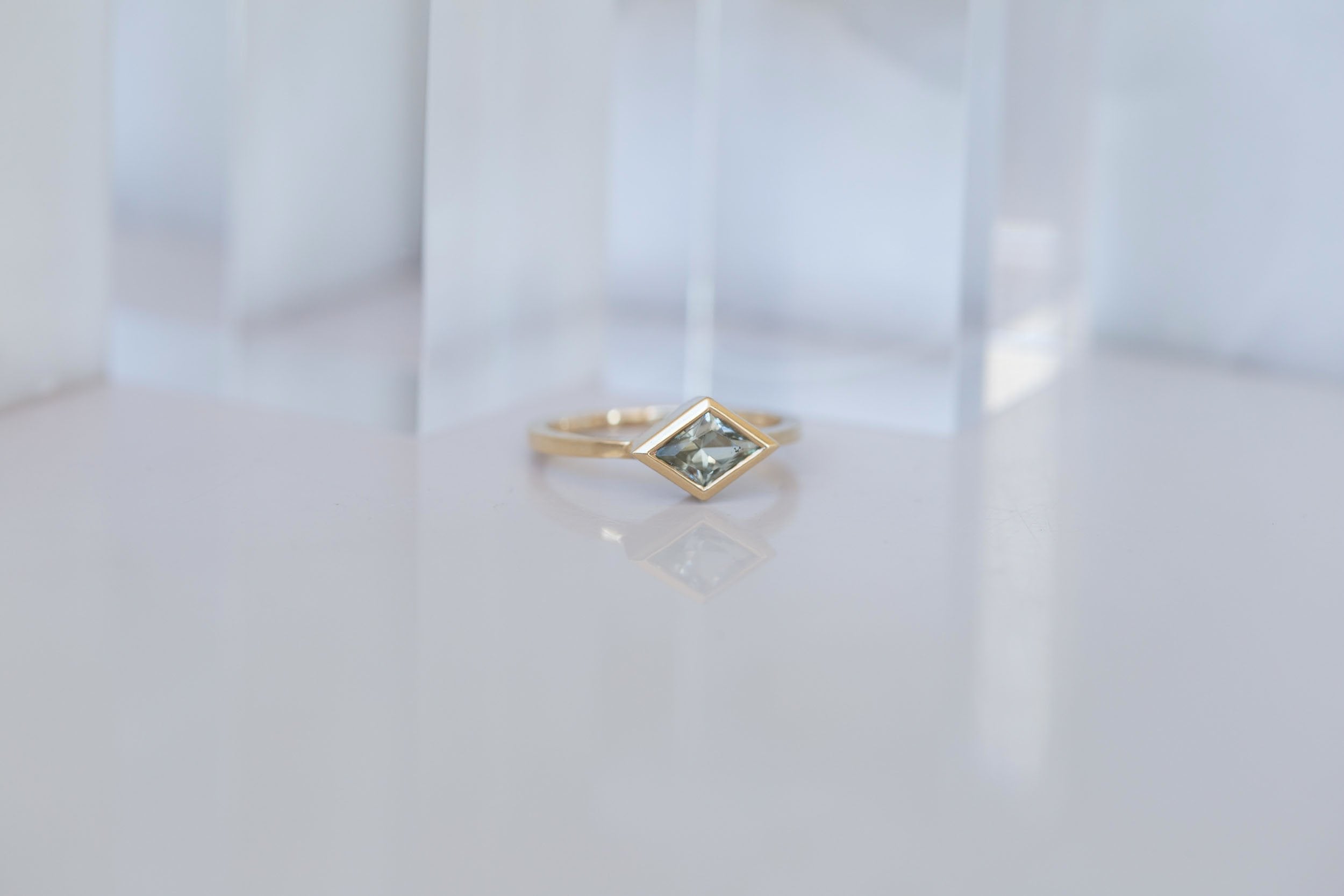 Avens Ring | Mint Sapphire Rhombus Solitaire Engagement Ring 0.85 ct | 14k Recycled Gold | One of a Kind