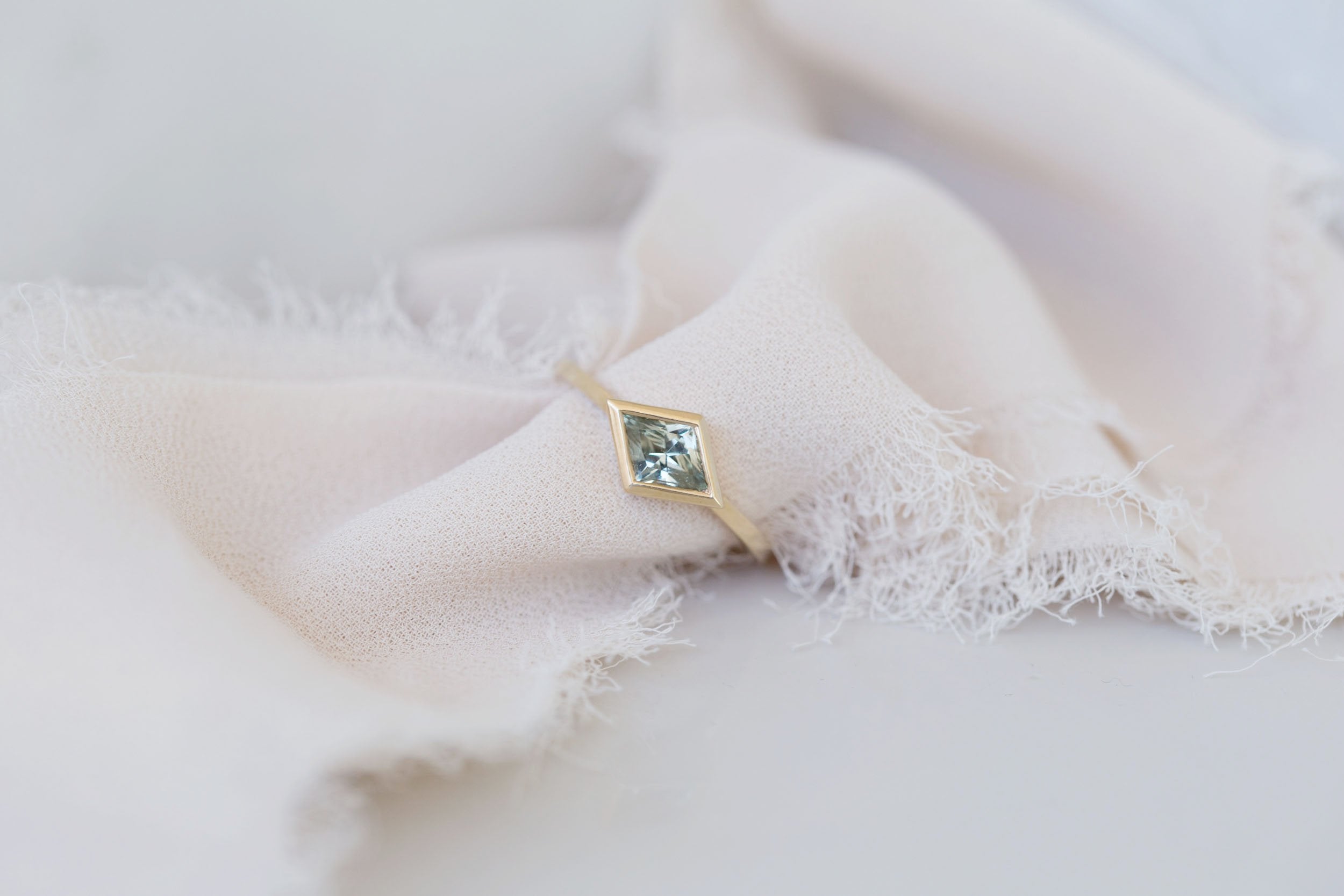 Avens Ring | Mint Sapphire Rhombus Solitaire Engagement Ring 0.85 ct | 14k Recycled Gold | One of a Kind