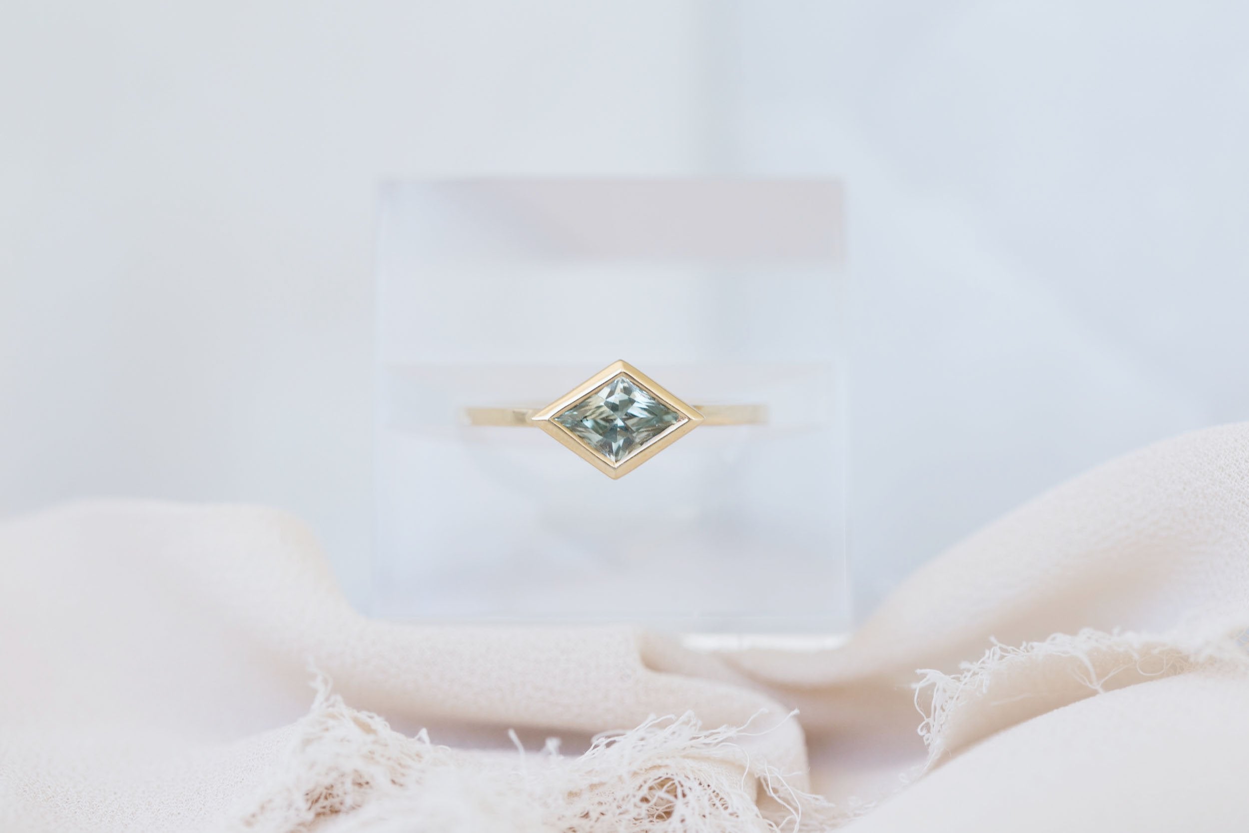 Avens Ring | Mint Sapphire Rhombus Solitaire Engagement Ring 0.85 ct | 14k Recycled Gold | One of a Kind