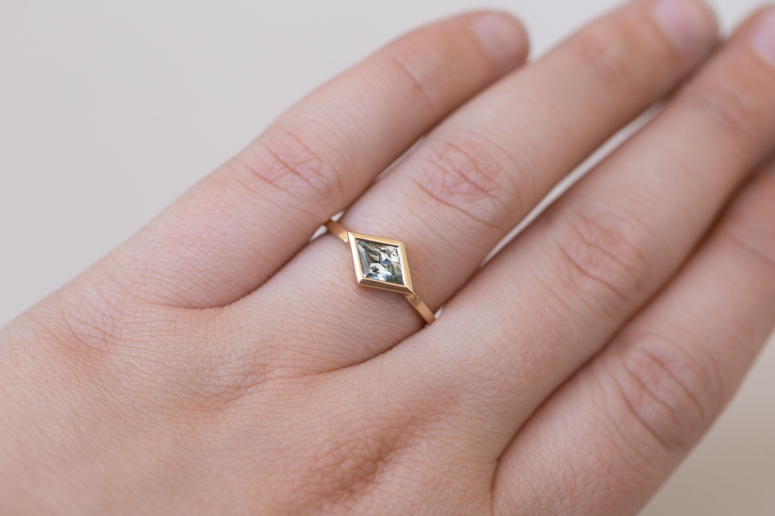 Avens Ring | Mint Sapphire Rhombus Solitaire Engagement Ring 0.85 ct | 14k Recycled Gold | One of a Kind