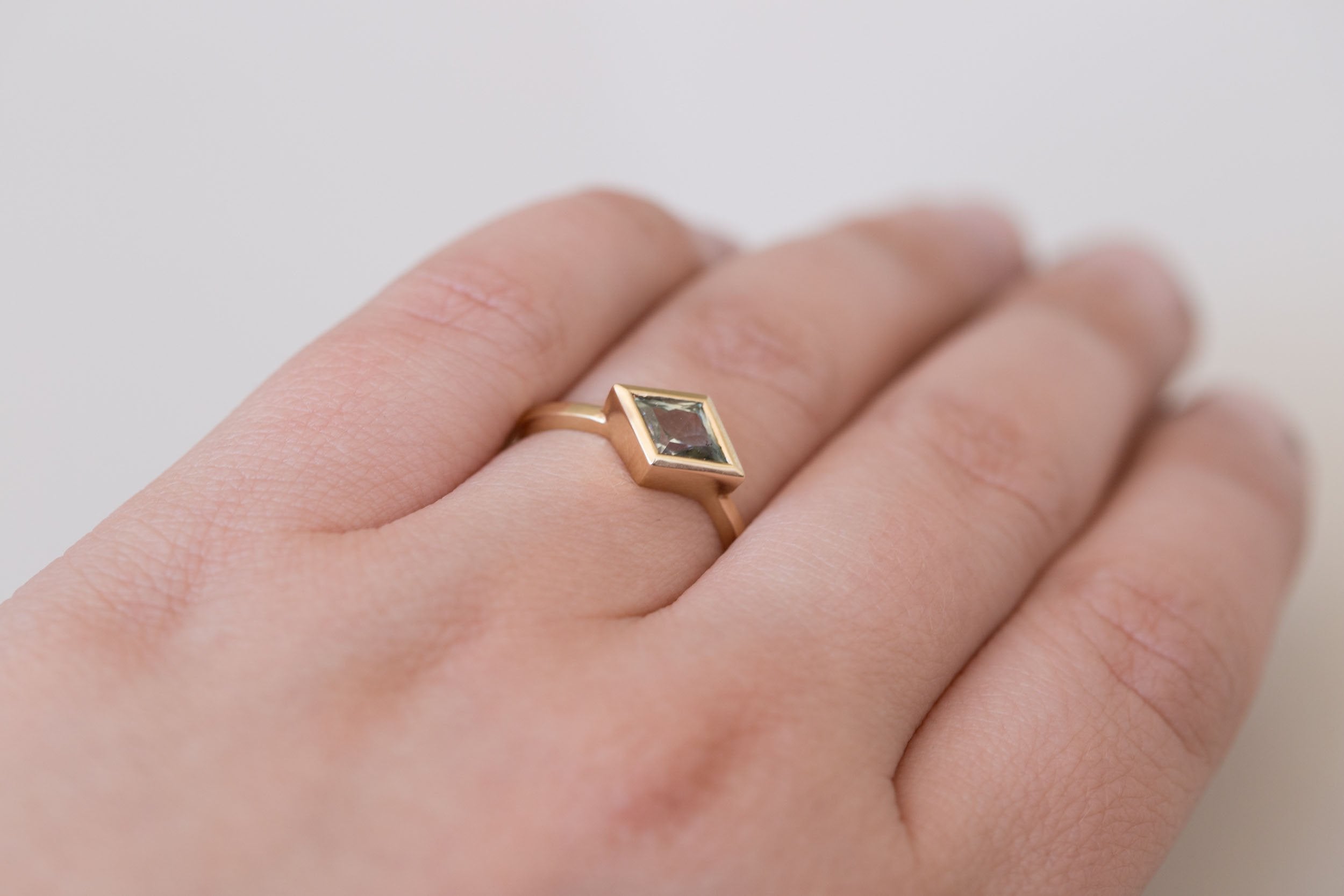 Avens Ring | Mint Sapphire Rhombus Solitaire Engagement Ring 0.85 ct | 14k Recycled Gold | One of a Kind