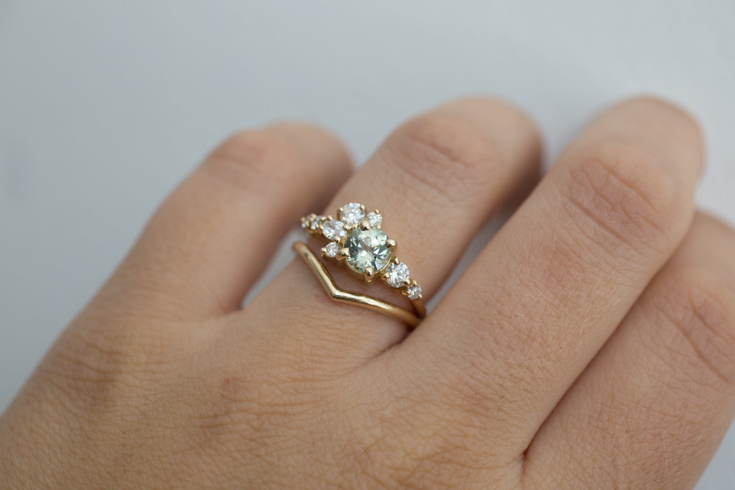 Ilia Ring | Mint Round Sapphire + Diamond Cluster Engagement Ring | 14k Recycled Gold | One of a Kind