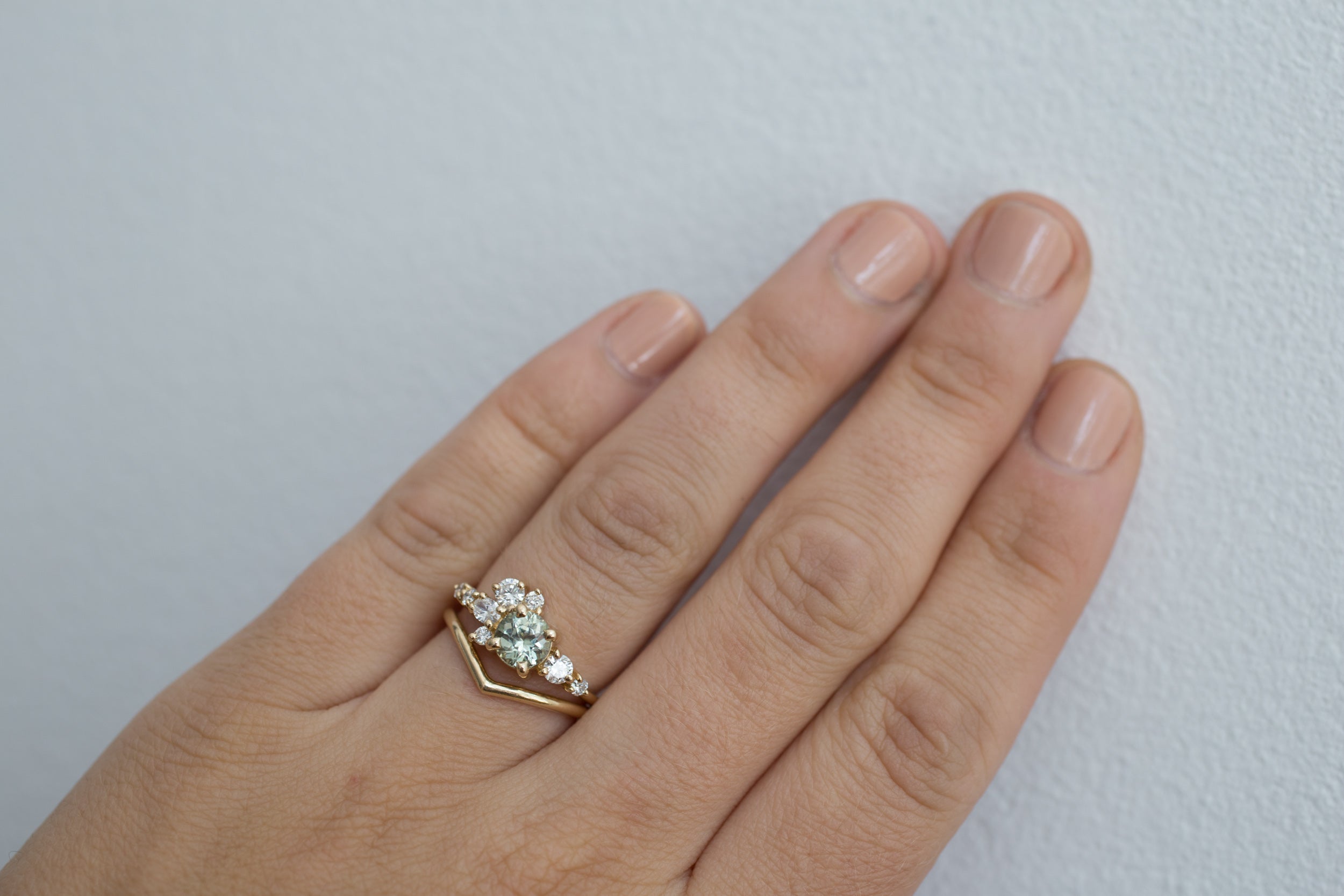 Ilia Ring | Mint Round Sapphire + Diamond Cluster Engagement Ring | 14k Recycled Gold | One of a Kind