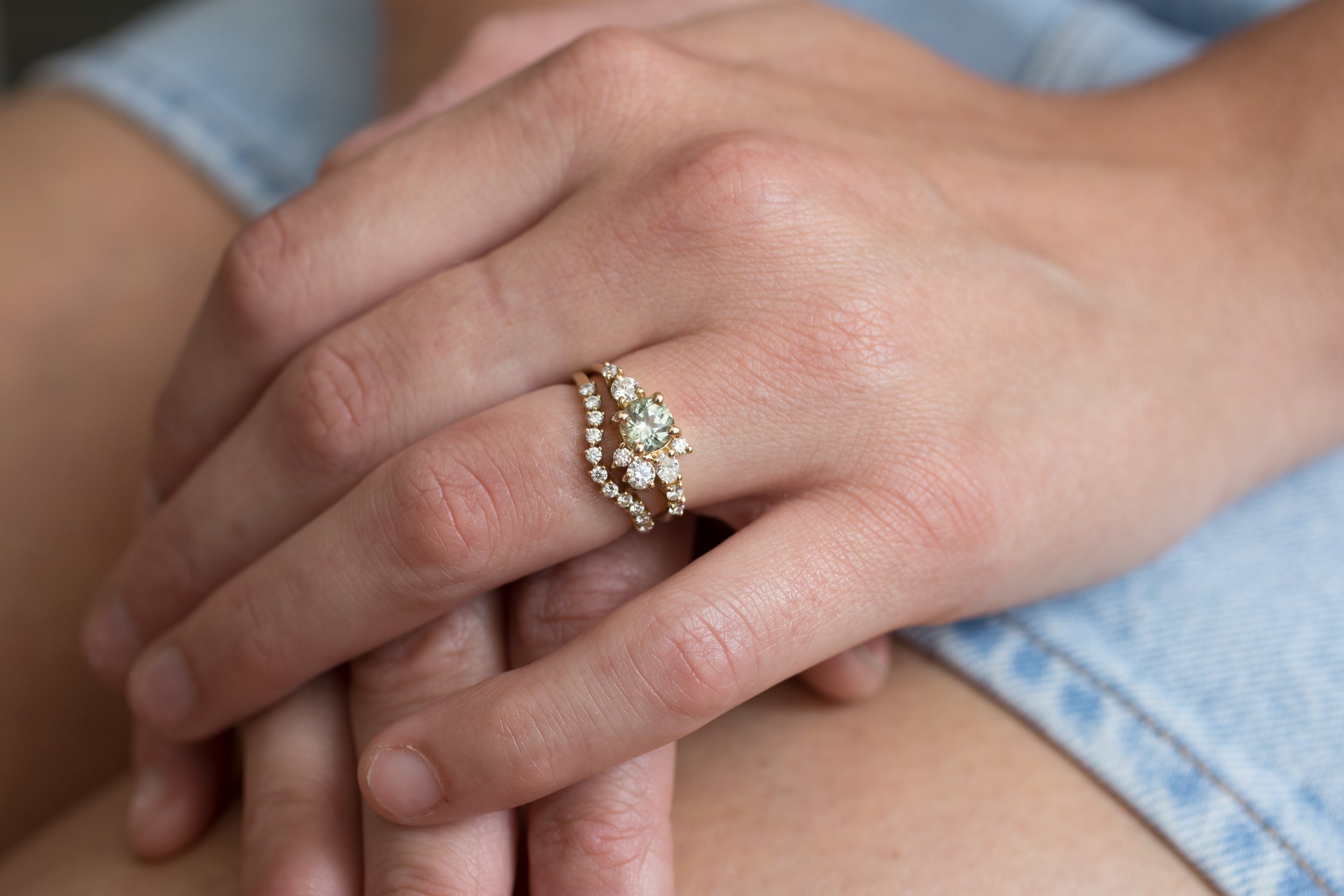 Ilia Ring | Mint Round Sapphire + Diamond Cluster Engagement Ring | 14k Recycled Gold | One of a Kind