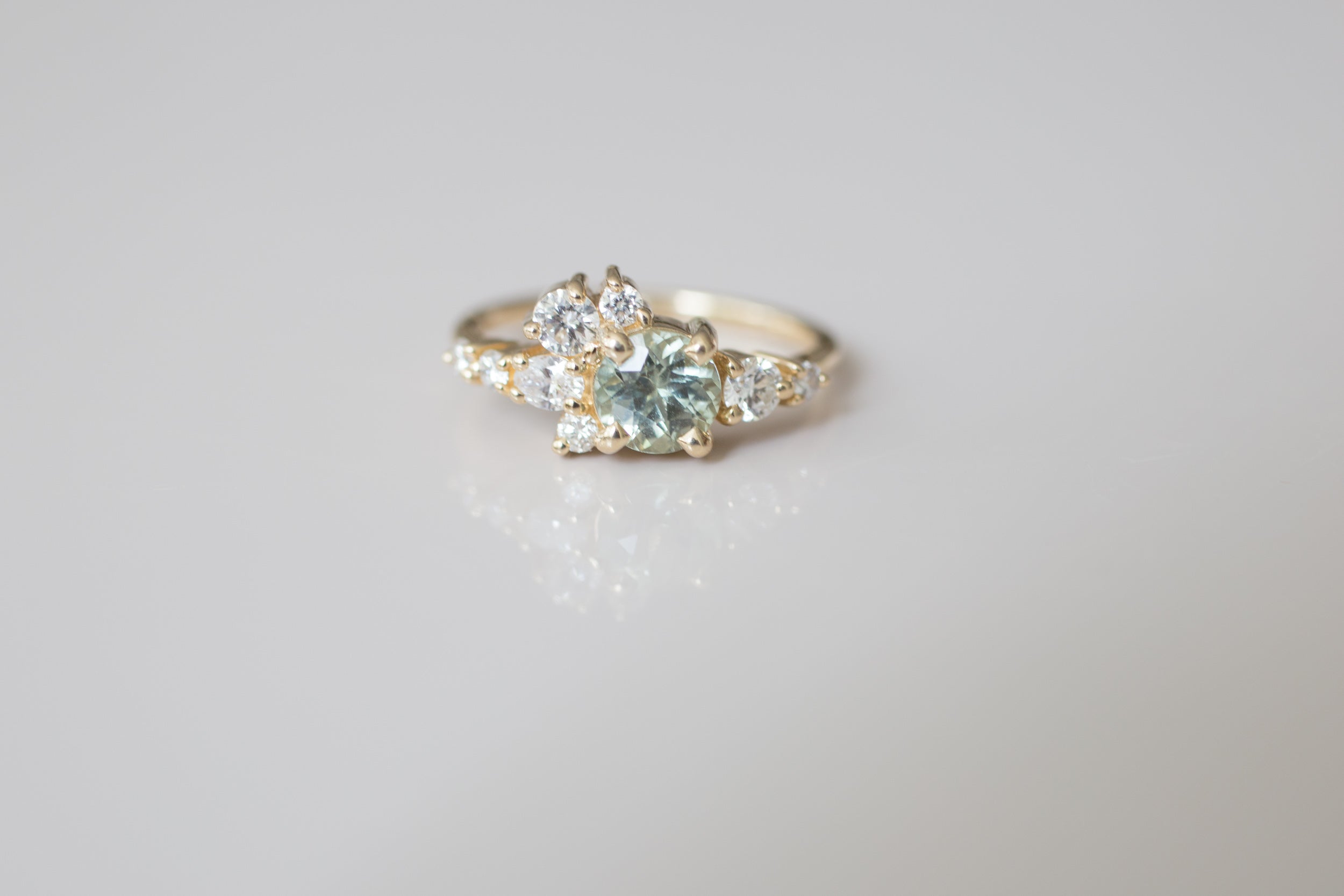 Ilia Ring | Mint Round Sapphire + Diamond Cluster Engagement Ring | 14k Recycled Gold | One of a Kind
