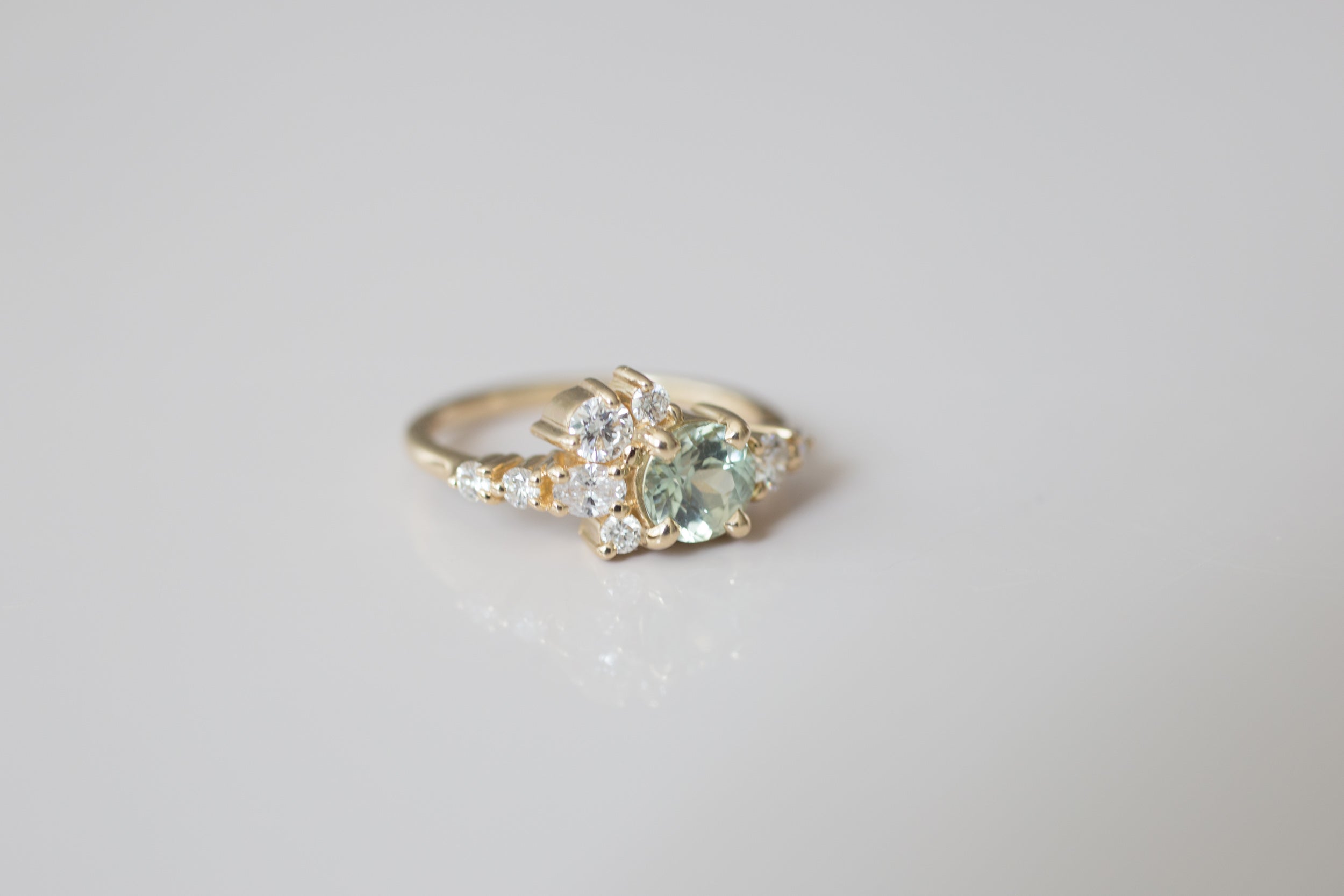 Ilia Ring | Mint Round Sapphire + Diamond Cluster Engagement Ring | 14k Recycled Gold | One of a Kind