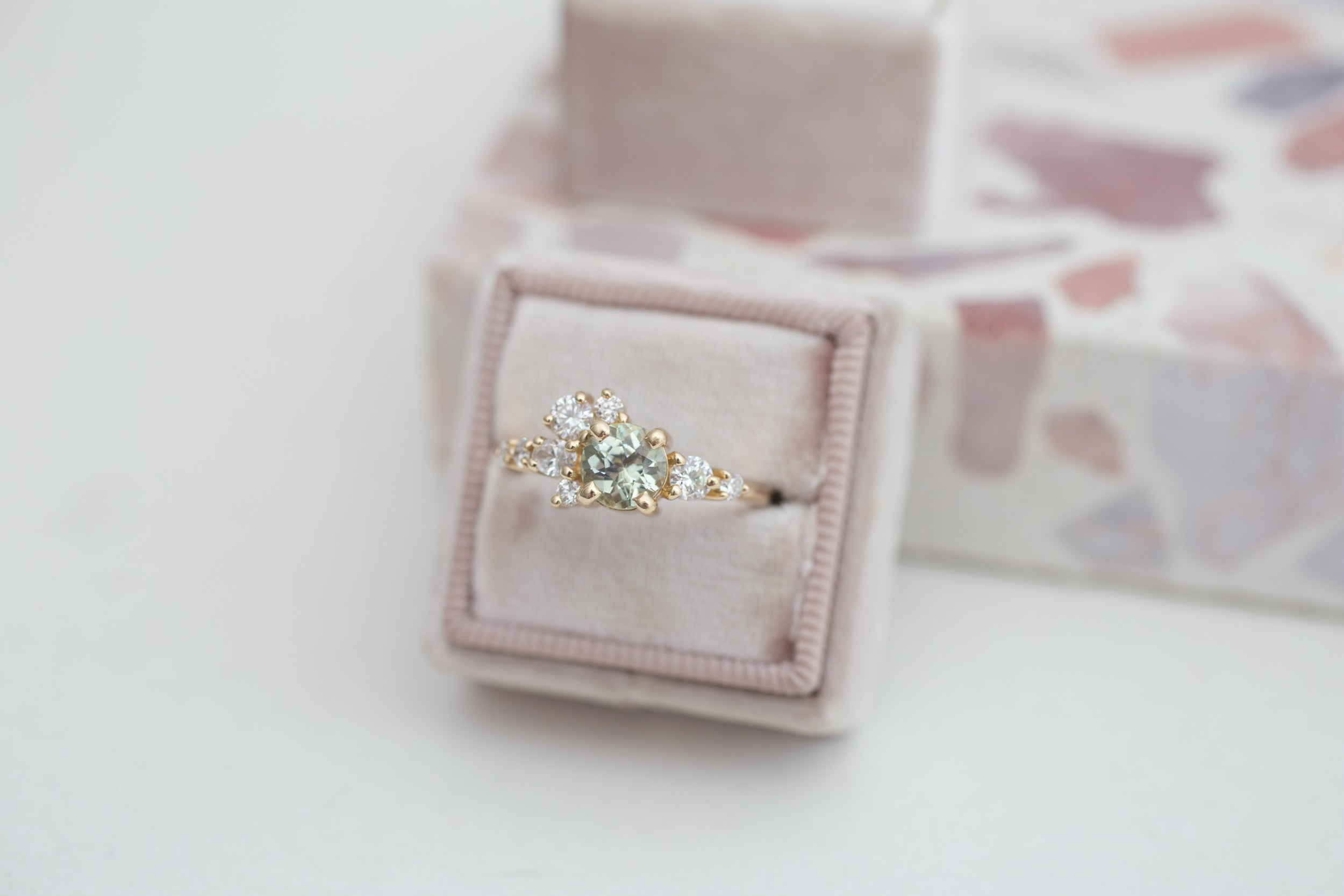 Ilia Ring | Mint Round Sapphire + Diamond Cluster Engagement Ring | 14k Recycled Gold | One of a Kind