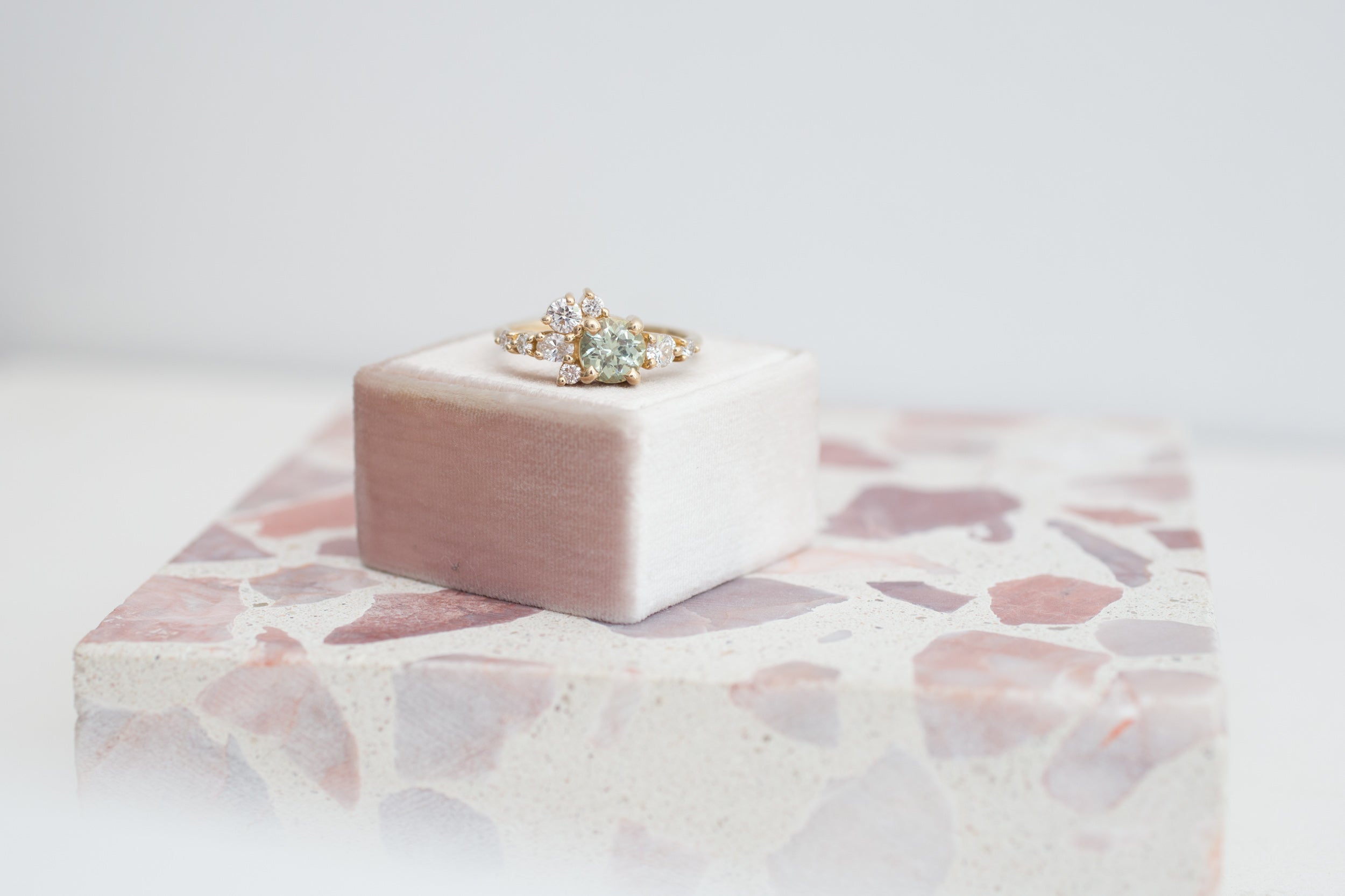 Ilia Ring | Mint Round Sapphire + Diamond Cluster Engagement Ring | 14k Recycled Gold | One of a Kind
