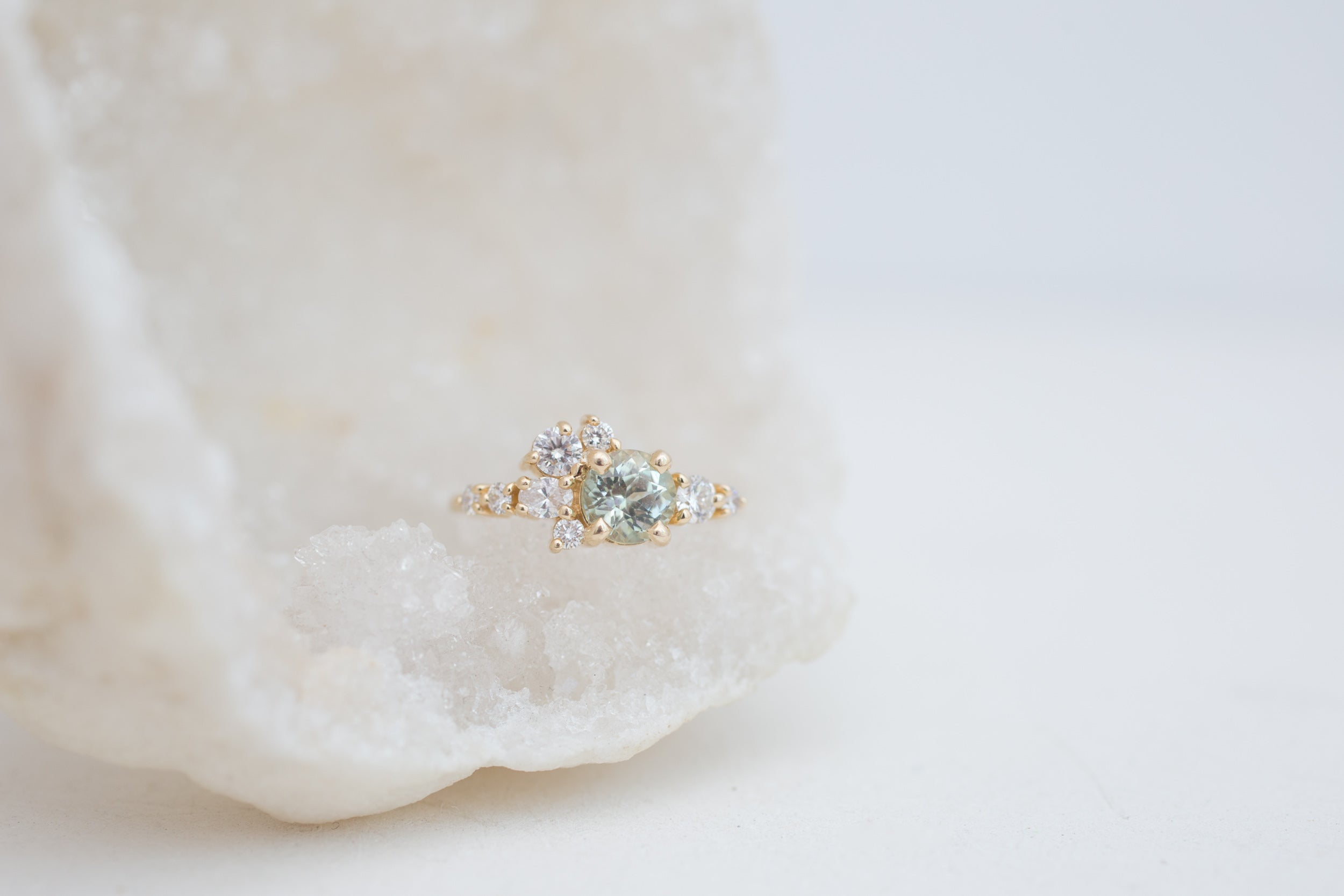 Ilia Ring | Mint Round Sapphire + Diamond Cluster Engagement Ring | 14k Recycled Gold | One of a Kind