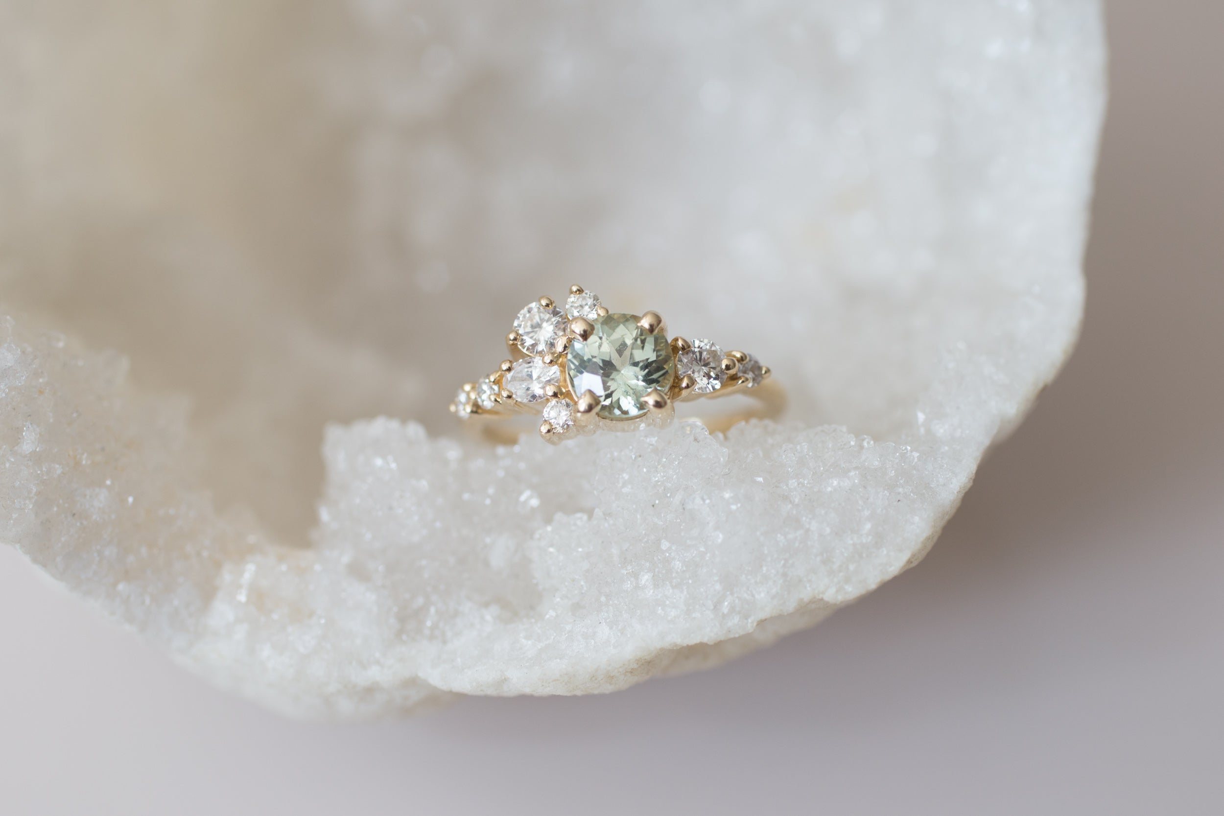 Ilia Ring | Mint Round Sapphire + Diamond Cluster Engagement Ring | 14k Recycled Gold | One of a Kind