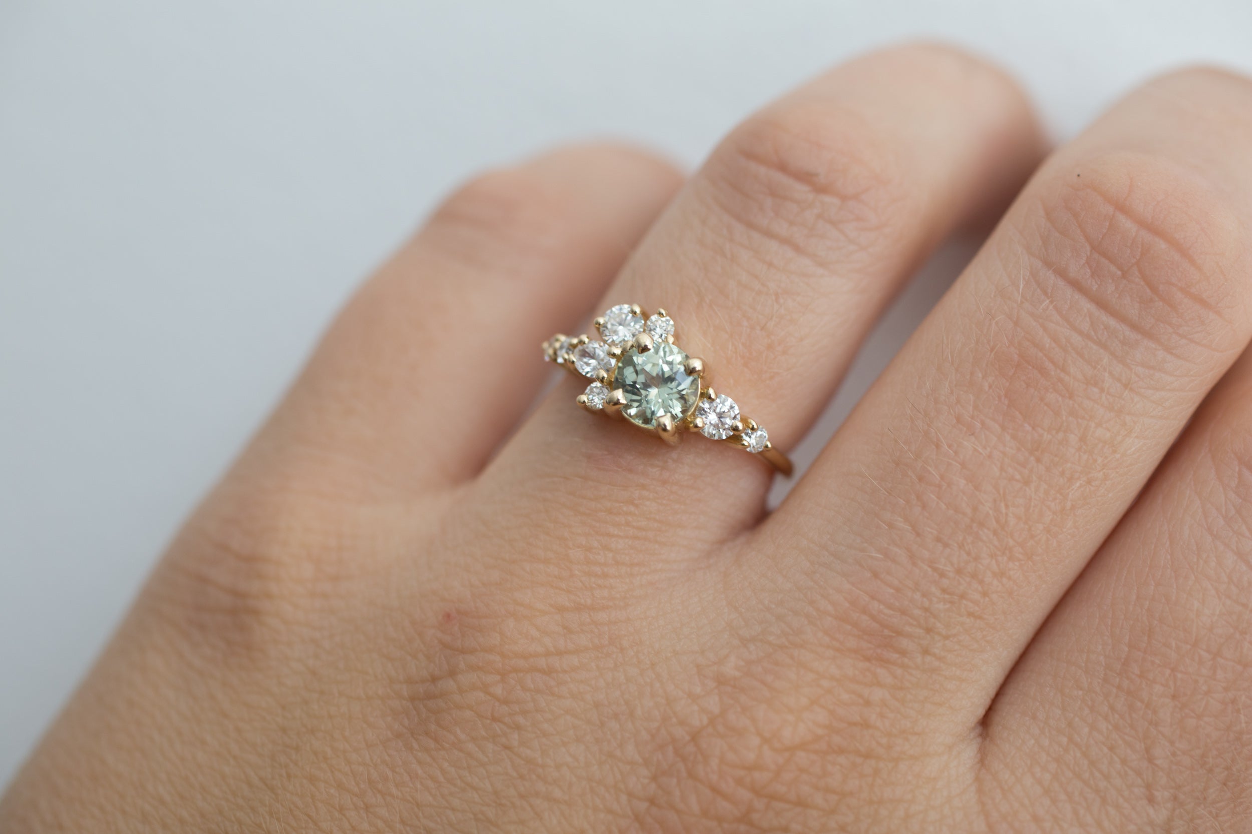 Ilia Ring | Mint Round Sapphire + Diamond Cluster Engagement Ring | 14k Recycled Gold | One of a Kind