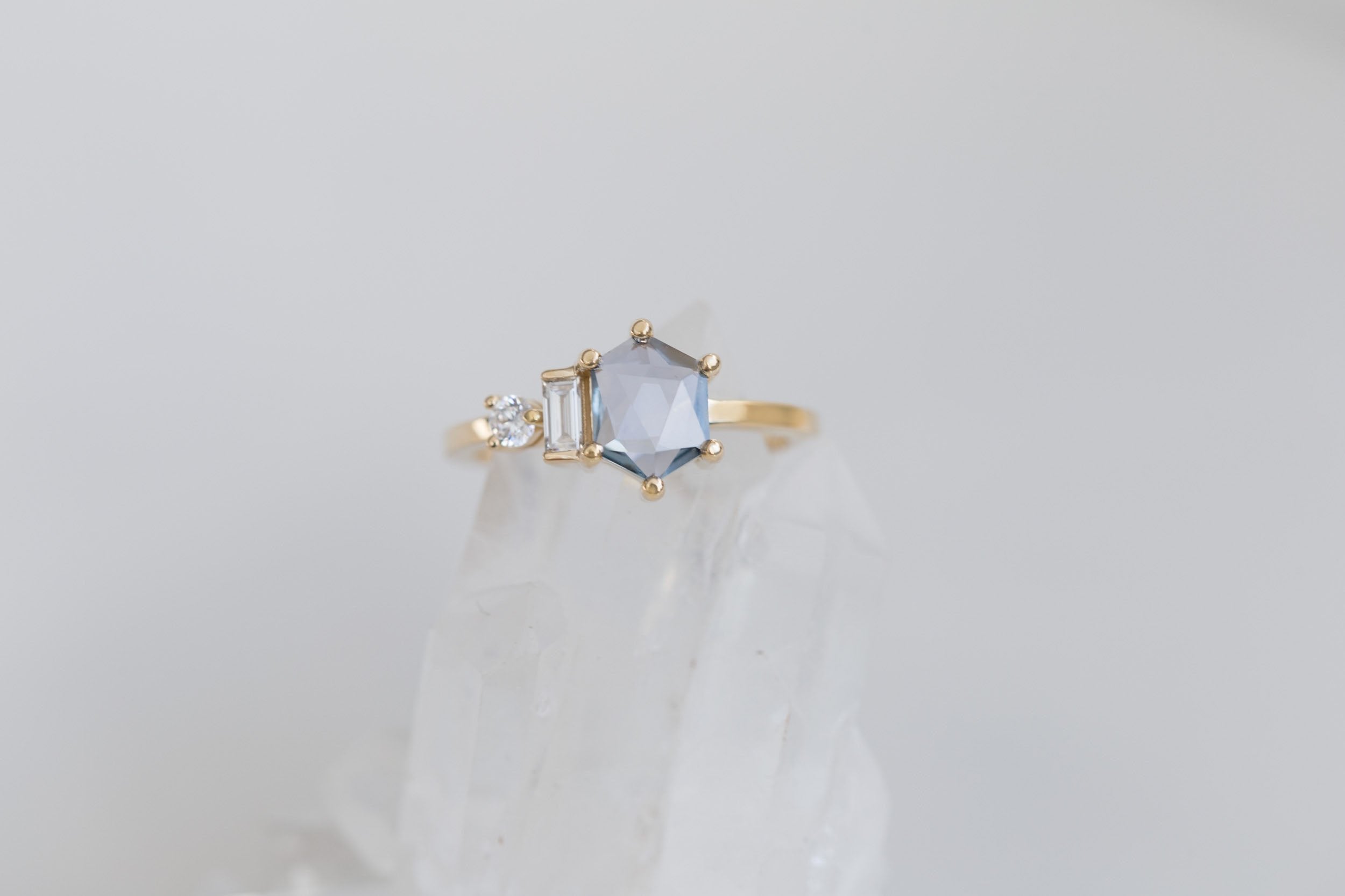 Sireli Ring | Mint Geocut Sapphire + Diamond Cluster Engagement Ring 1.10 ct | 14k Recycled Gold | One of a Kind