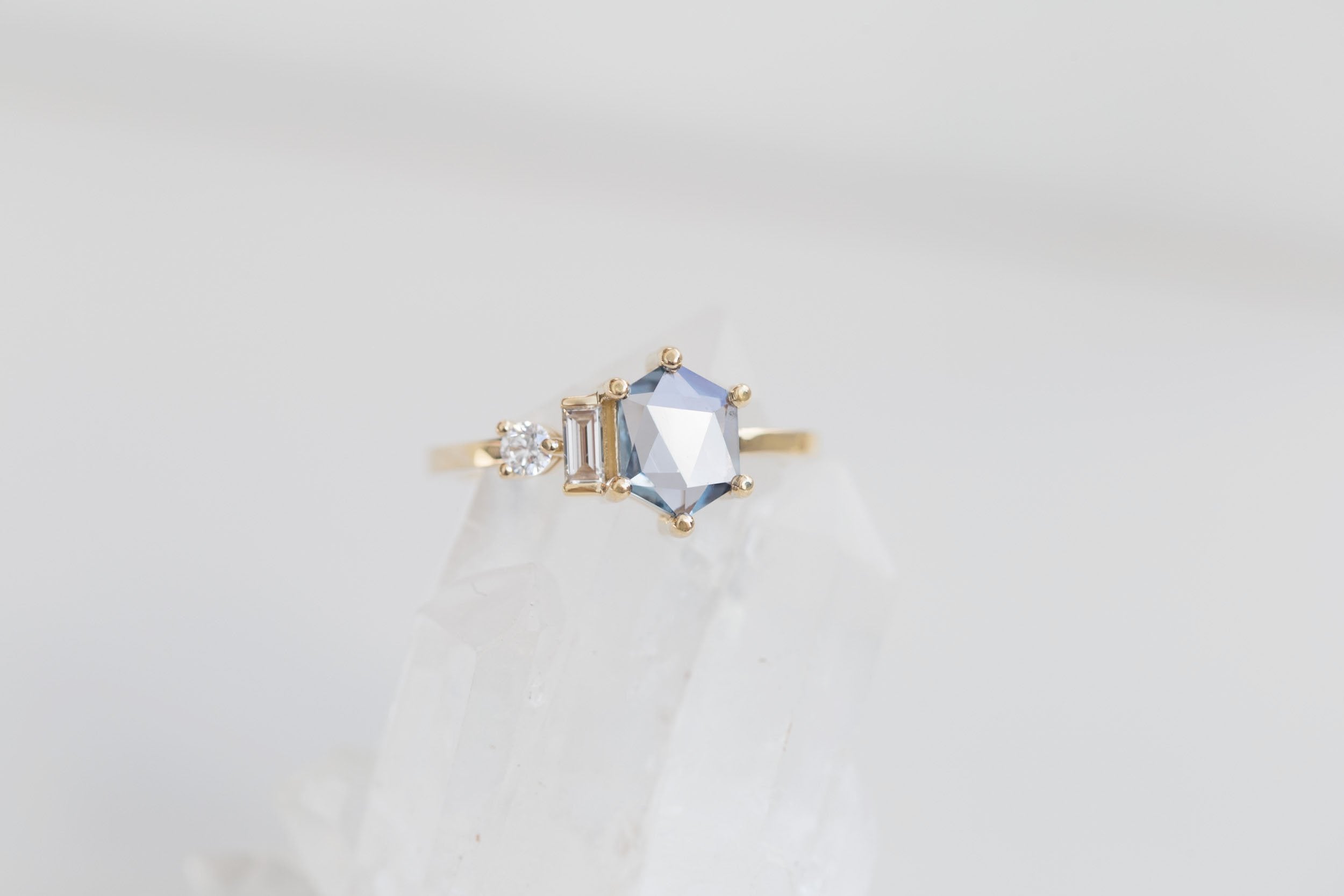Sireli Ring | Mint Geocut Sapphire + Diamond Cluster Engagement Ring 1.10 ct | 14k Recycled Gold | One of a Kind