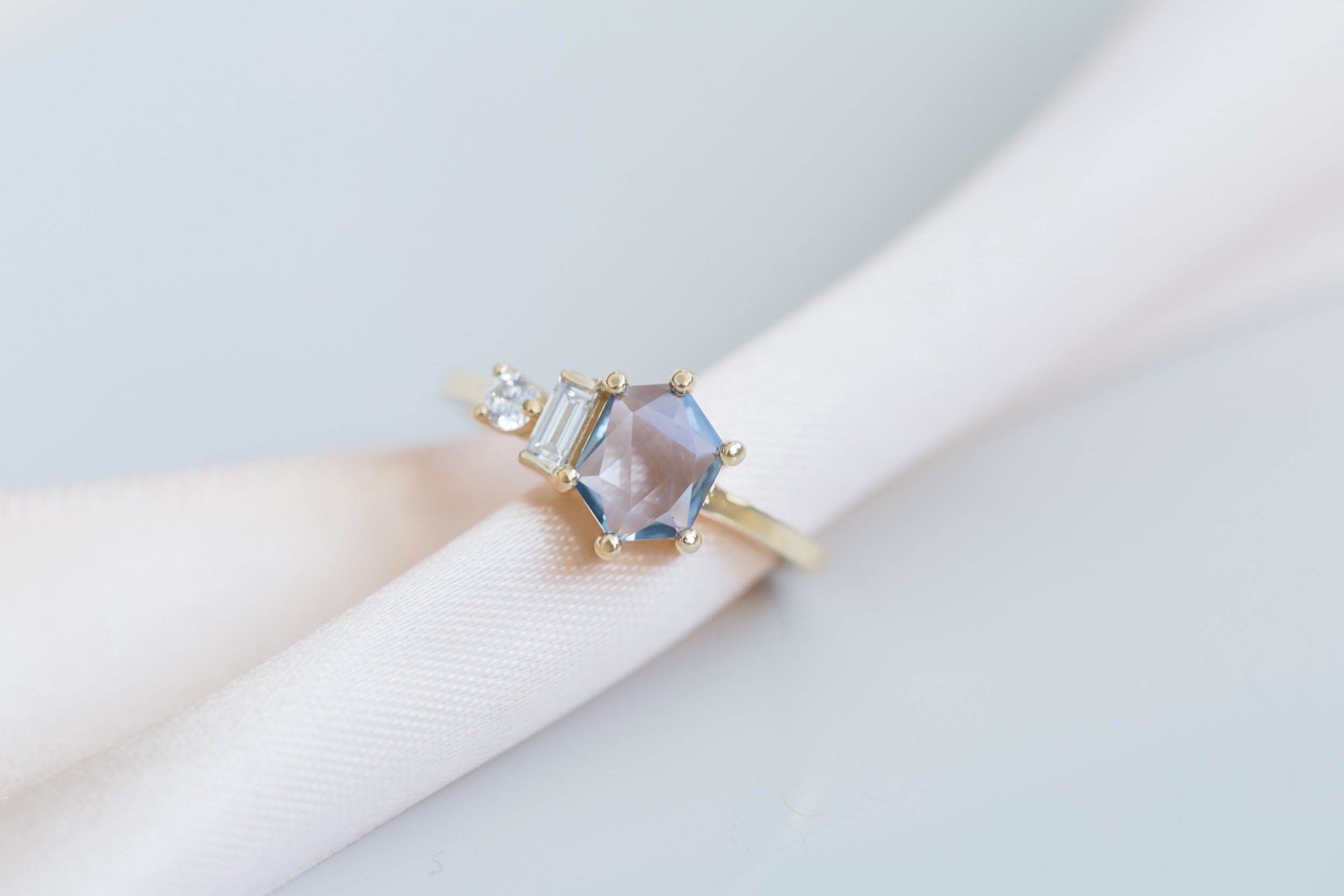 Sireli Ring | Mint Geocut Sapphire + Diamond Cluster Engagement Ring 1.10 ct | 14k Recycled Gold | One of a Kind
