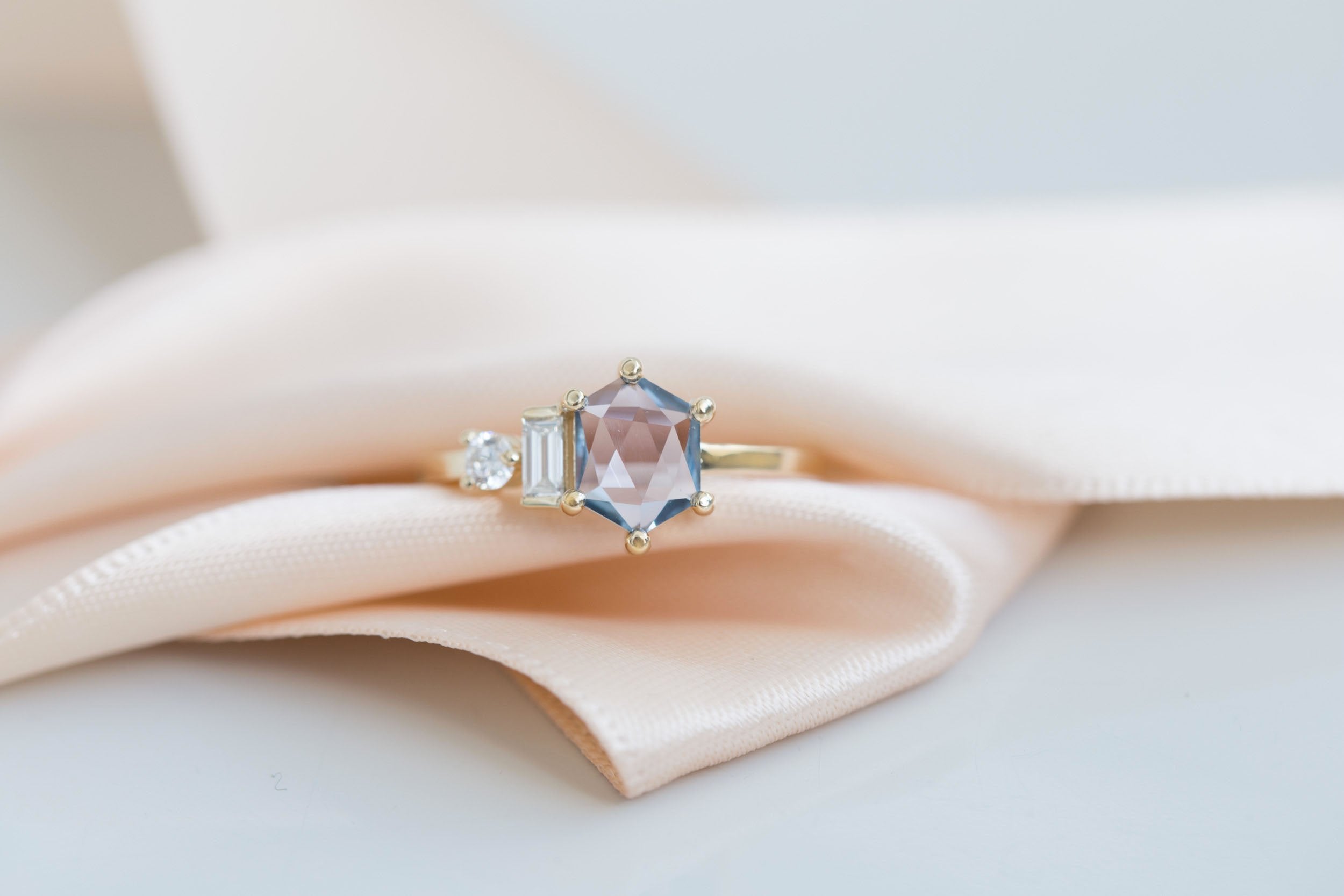 Sireli Ring | Mint Geocut Sapphire + Diamond Cluster Engagement Ring 1.10 ct | 14k Recycled Gold | One of a Kind