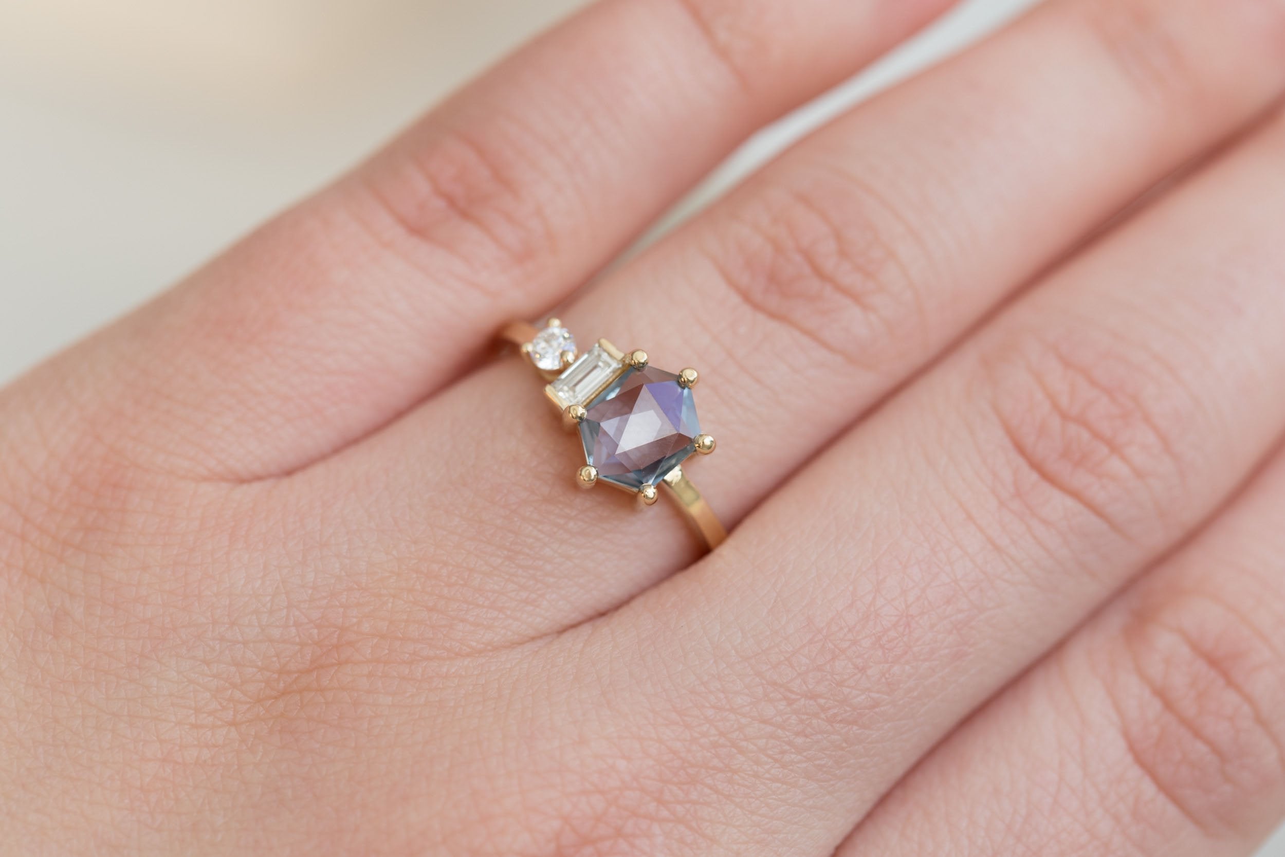 Sireli Ring | Mint Geocut Sapphire + Diamond Cluster Engagement Ring 1.10 ct | 14k Recycled Gold | One of a Kind
