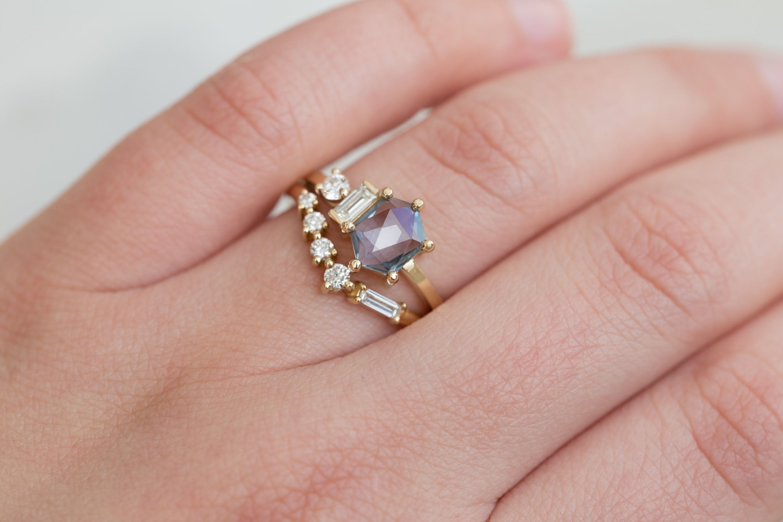 Sireli Ring | Mint Geocut Sapphire + Diamond Cluster Engagement Ring 1.10 ct | 14k Recycled Gold | One of a Kind