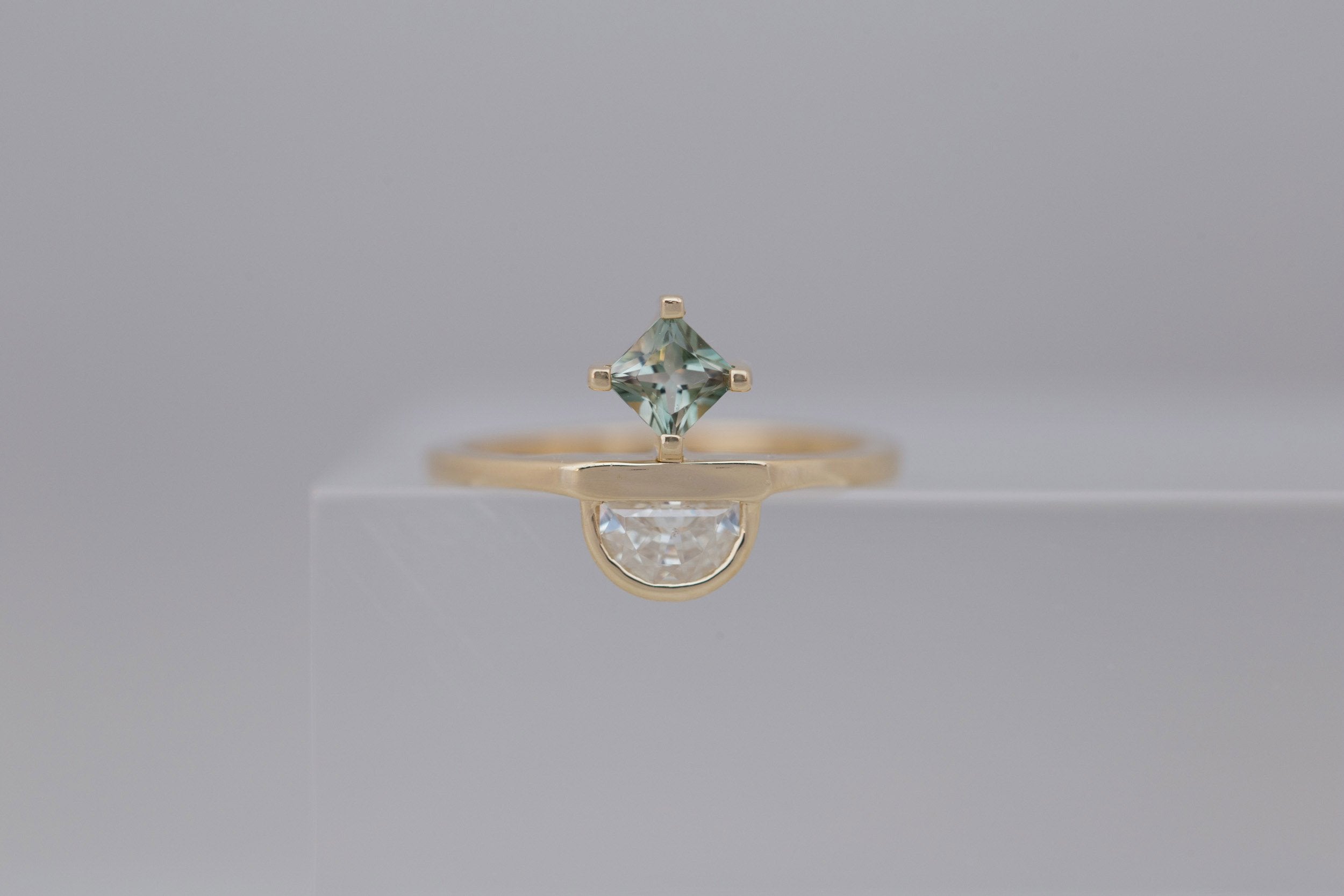 Half Moon Moissanite + Princess Cut Sunstone Engagement Ring | 14k Recycled Gold | Limited Edition