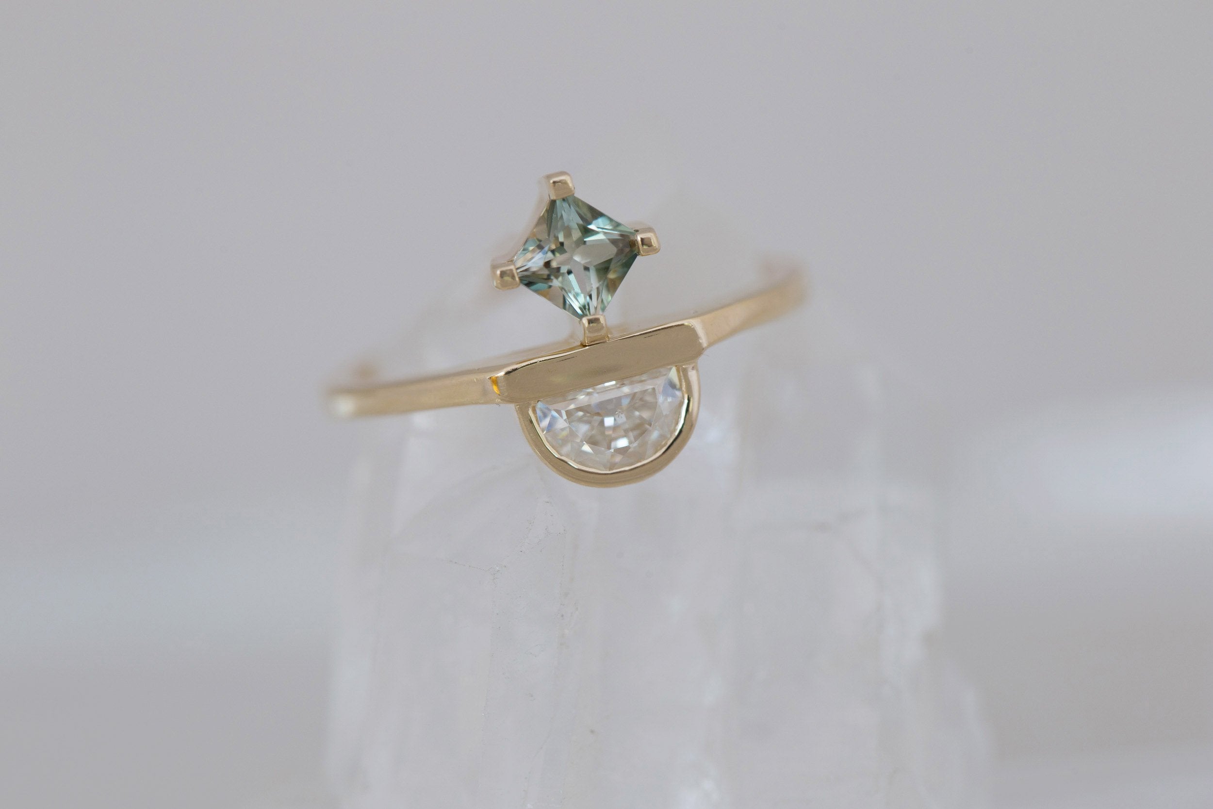 Half Moon Moissanite + Princess Cut Sunstone Engagement Ring | 14k Recycled Gold | Limited Edition