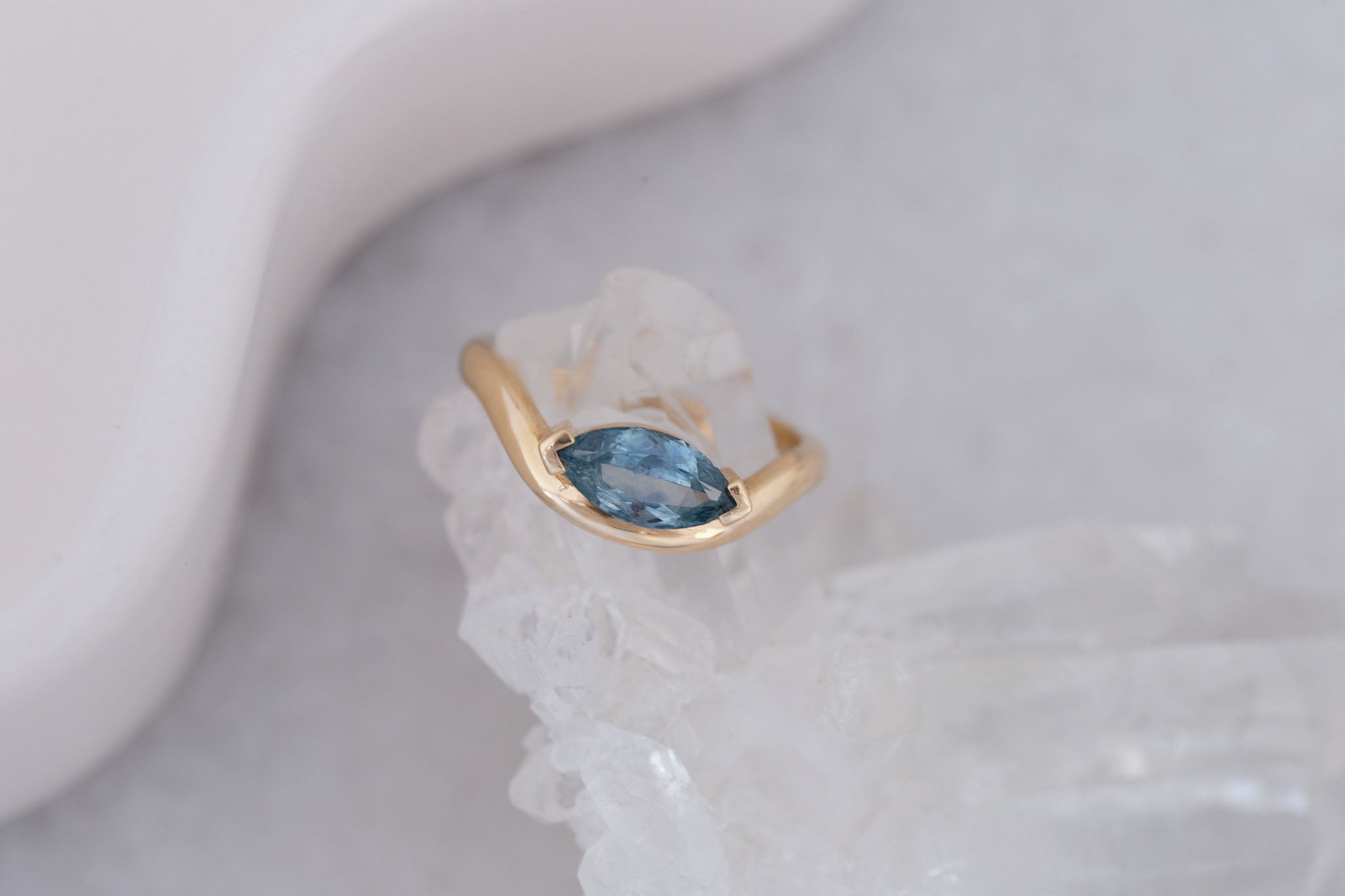 Rhodes Ring | Teal Marquise Montana Sapphire Solitaire + Curved Band Engagement Ring 1.24 ct | 14k Recycled Gold | One of a Kind