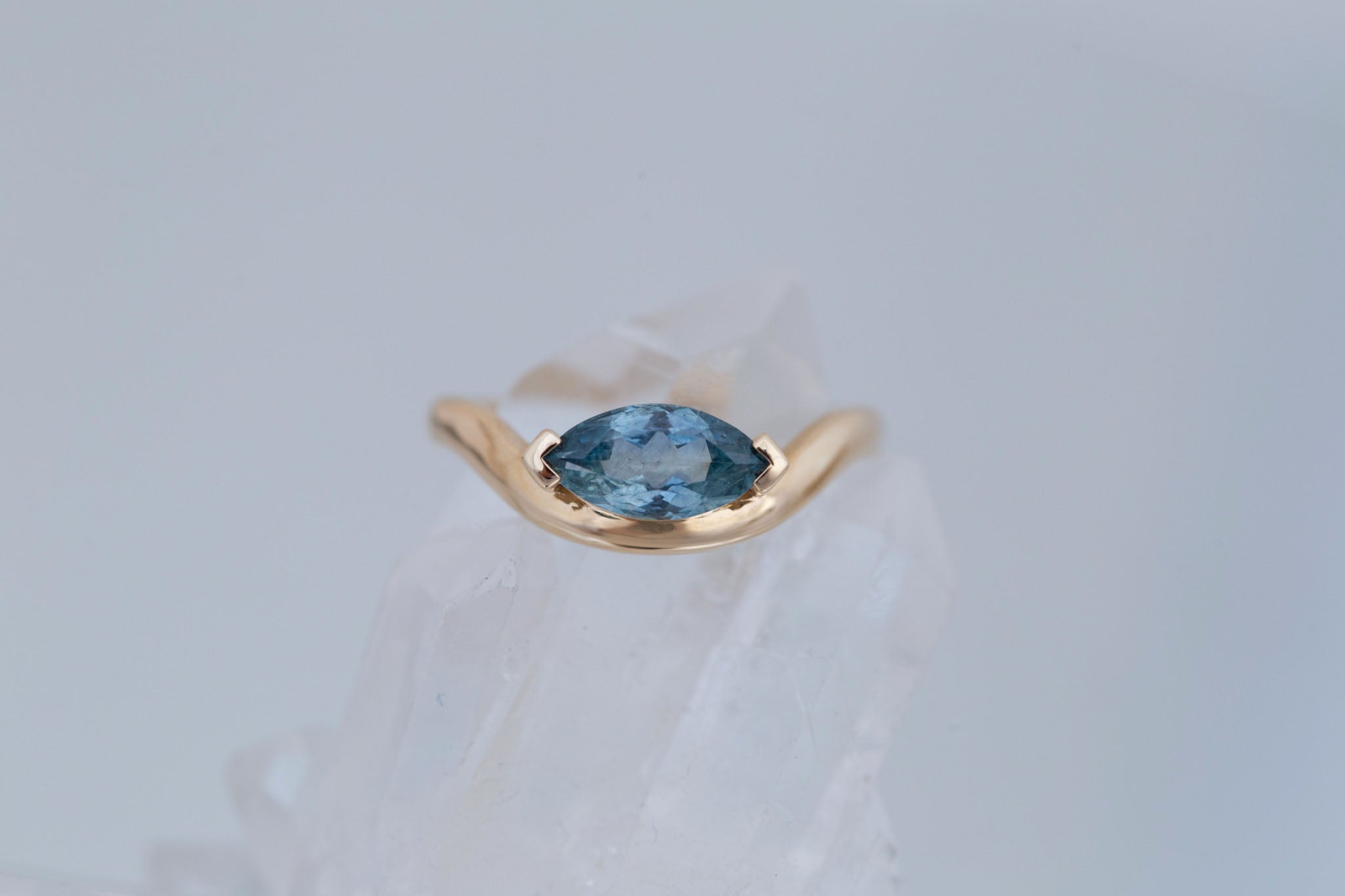 Rhodes Ring | Teal Marquise Montana Sapphire Solitaire + Curved Band Engagement Ring 1.24 ct | 14k Recycled Gold | One of a Kind