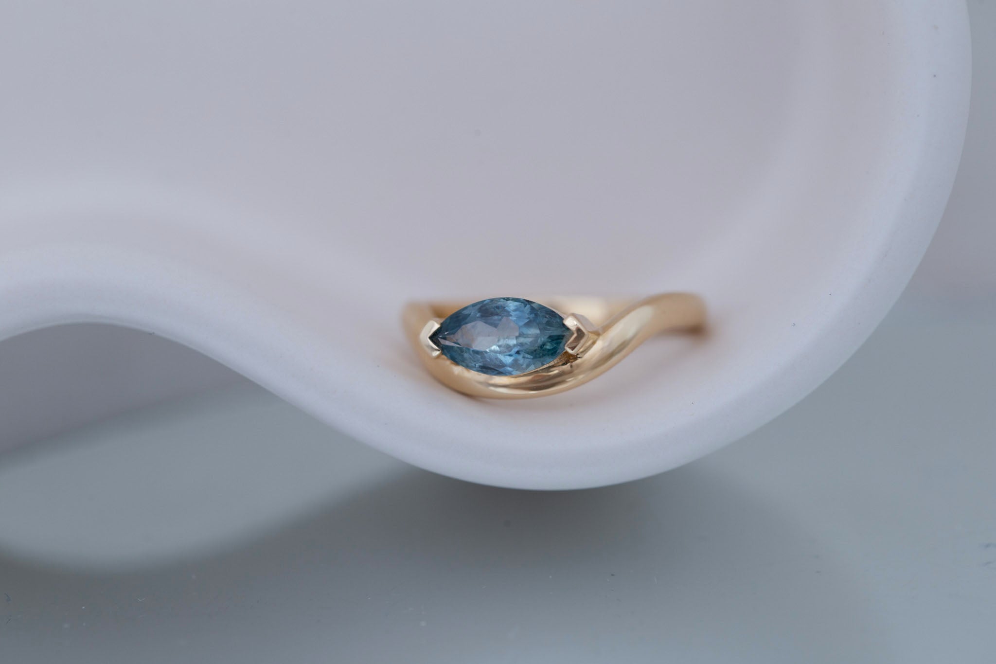 Rhodes Ring | Teal Marquise Montana Sapphire Solitaire + Curved Band Engagement Ring 1.24 ct | 14k Recycled Gold | One of a Kind