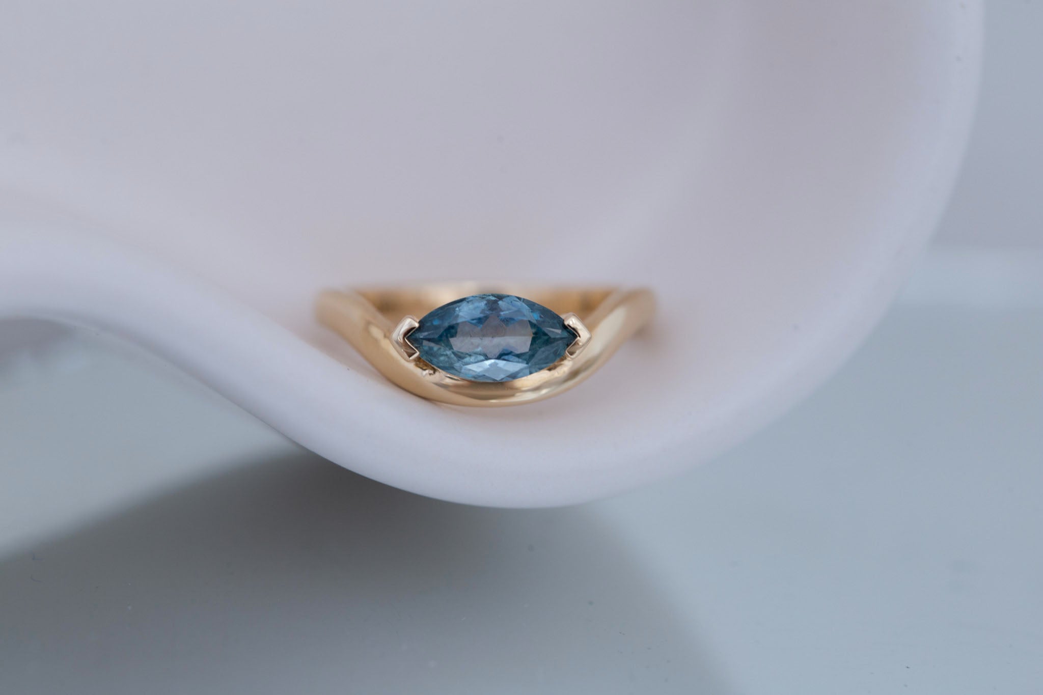 Rhodes Ring | Teal Marquise Montana Sapphire Solitaire + Curved Band Engagement Ring 1.24 ct | 14k Recycled Gold | One of a Kind