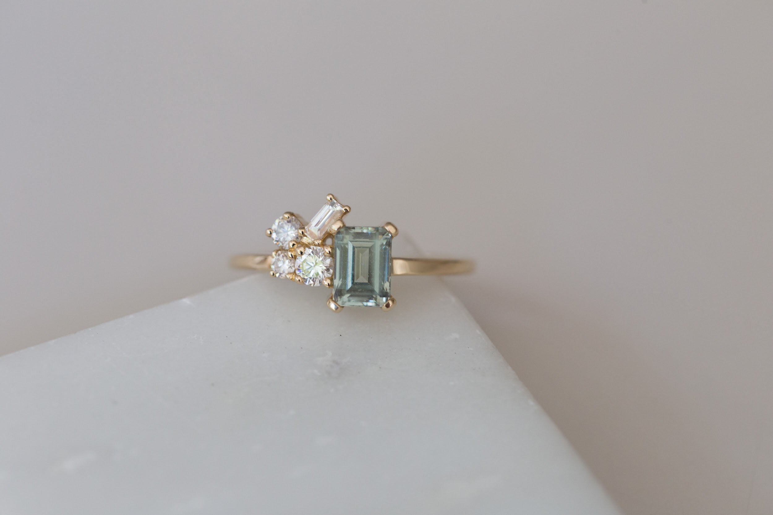 Montana Baguette Sapphire + Round and Baguette Diamond Cluster Engagement Ring | 14k Recycled Yellow Gold | One of a Kind