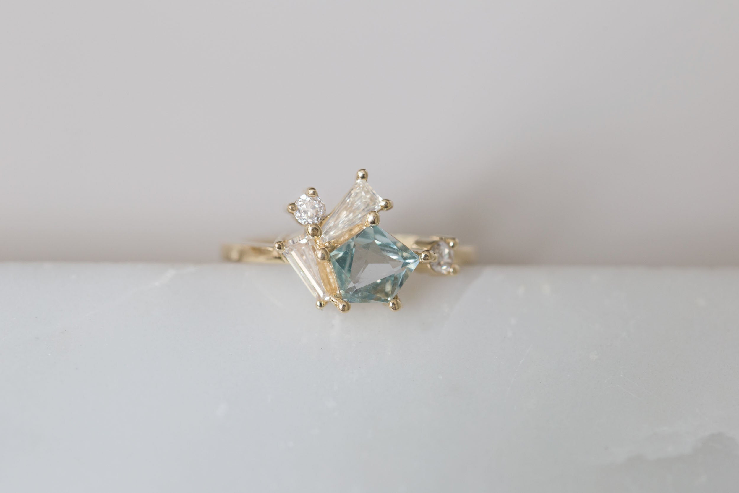 Geocut Montana Sapphire + Antique Baguette Diamond Cluster Engagement Ring | 14k Recycled Gold | One of a Kind