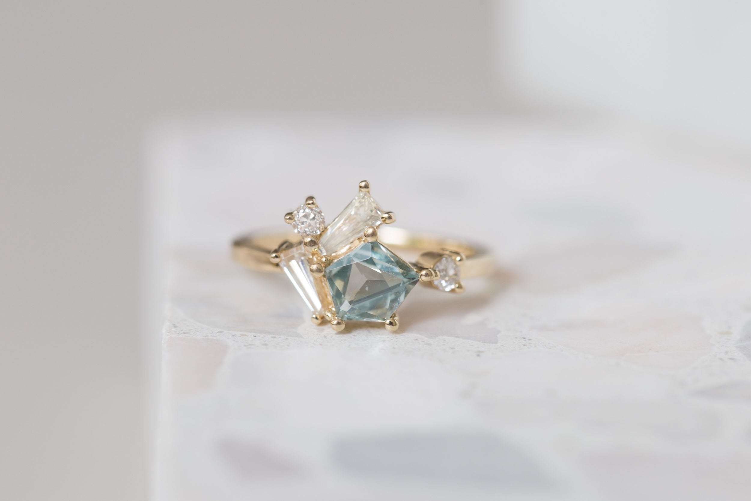 Geocut Montana Sapphire + Antique Baguette Diamond Cluster Engagement Ring | 14k Recycled Gold | One of a Kind
