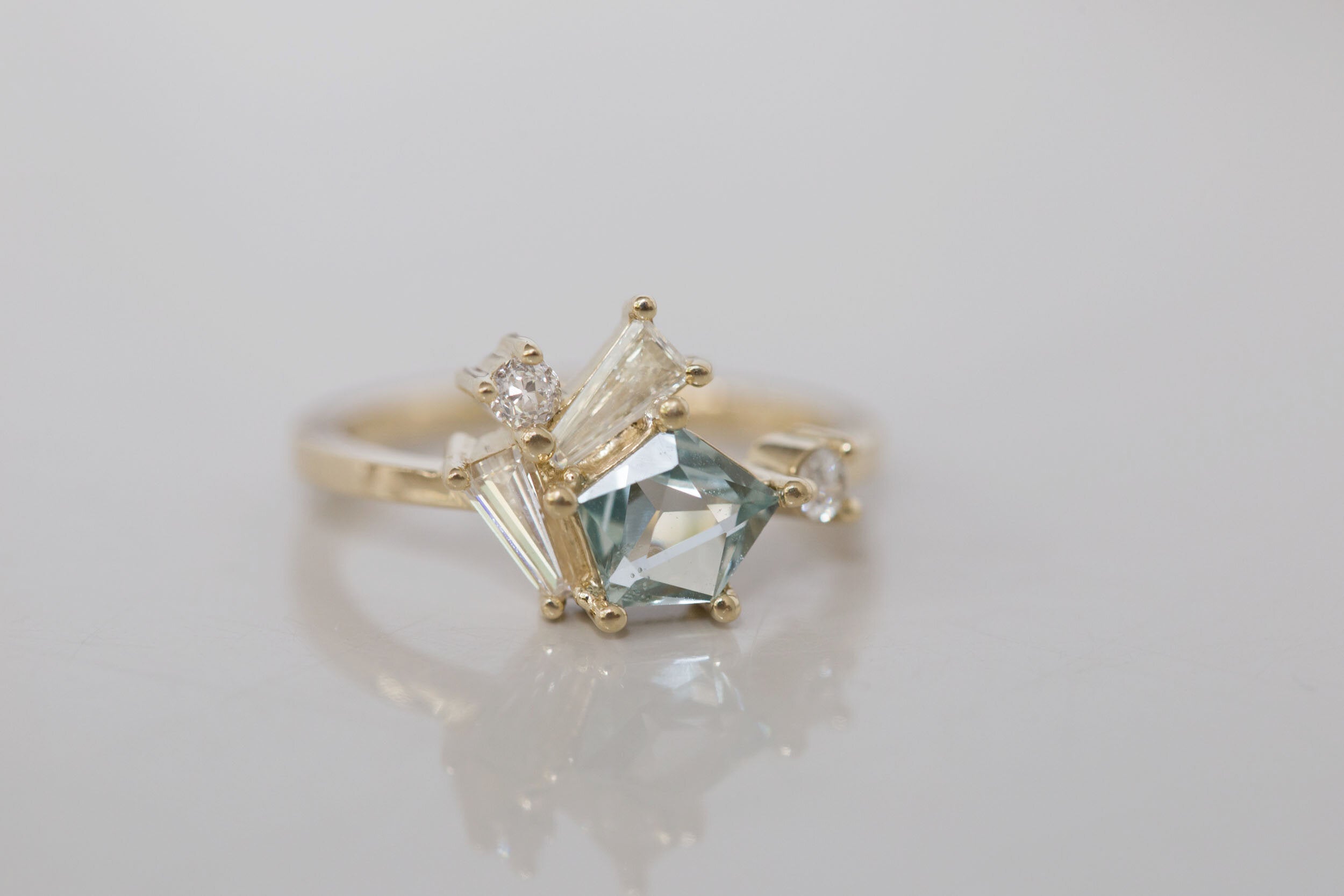 Geocut Montana Sapphire + Antique Baguette Diamond Cluster Engagement Ring | 14k Recycled Gold | One of a Kind