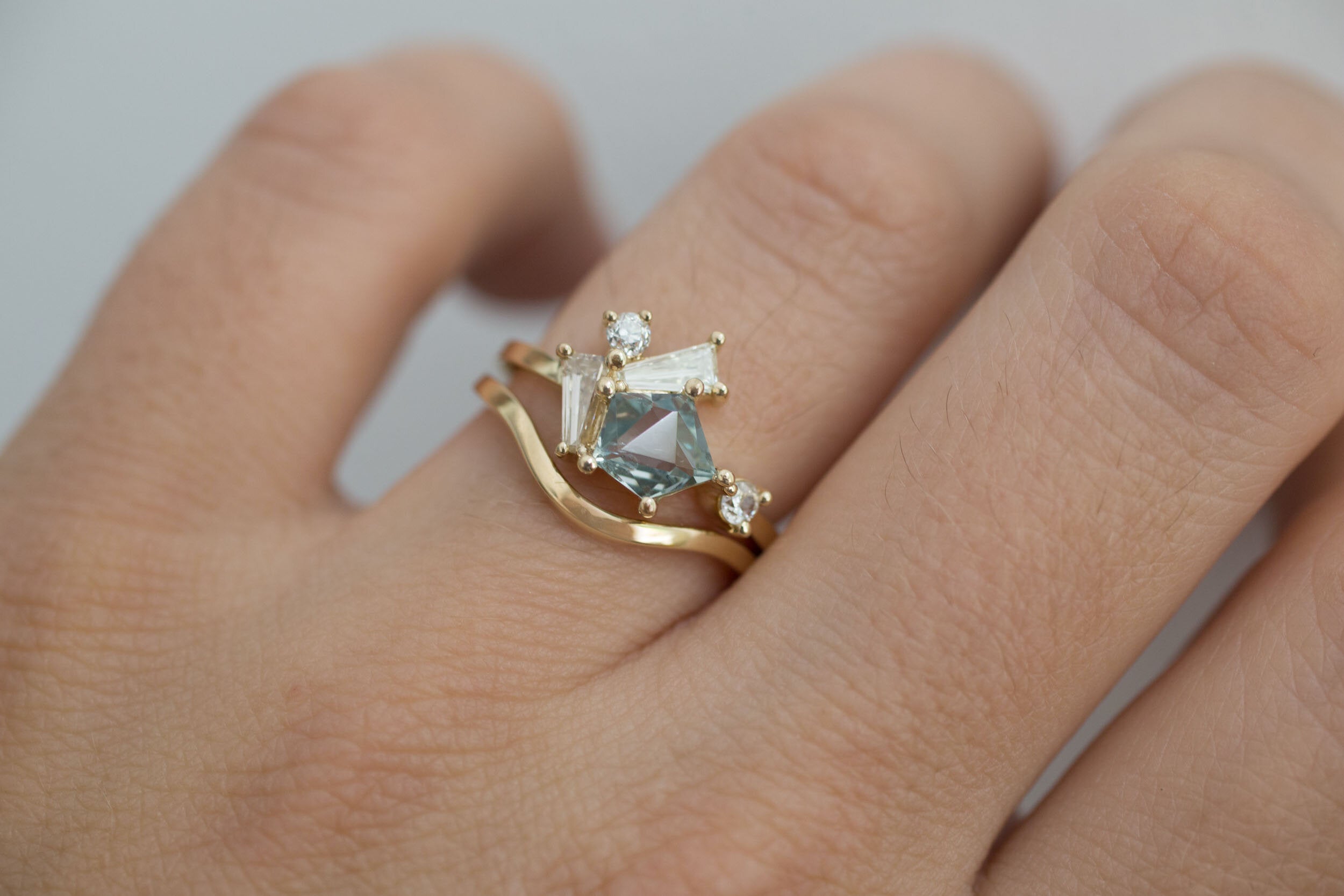 Geocut Montana Sapphire + Antique Baguette Diamond Cluster Engagement Ring | 14k Recycled Gold | One of a Kind