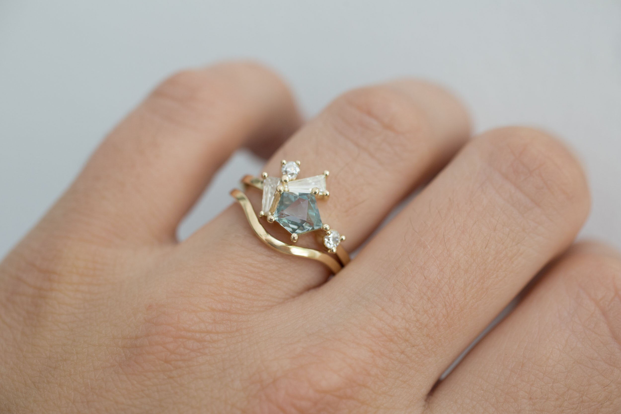 Geocut Montana Sapphire + Antique Baguette Diamond Cluster Engagement Ring | 14k Recycled Gold | One of a Kind