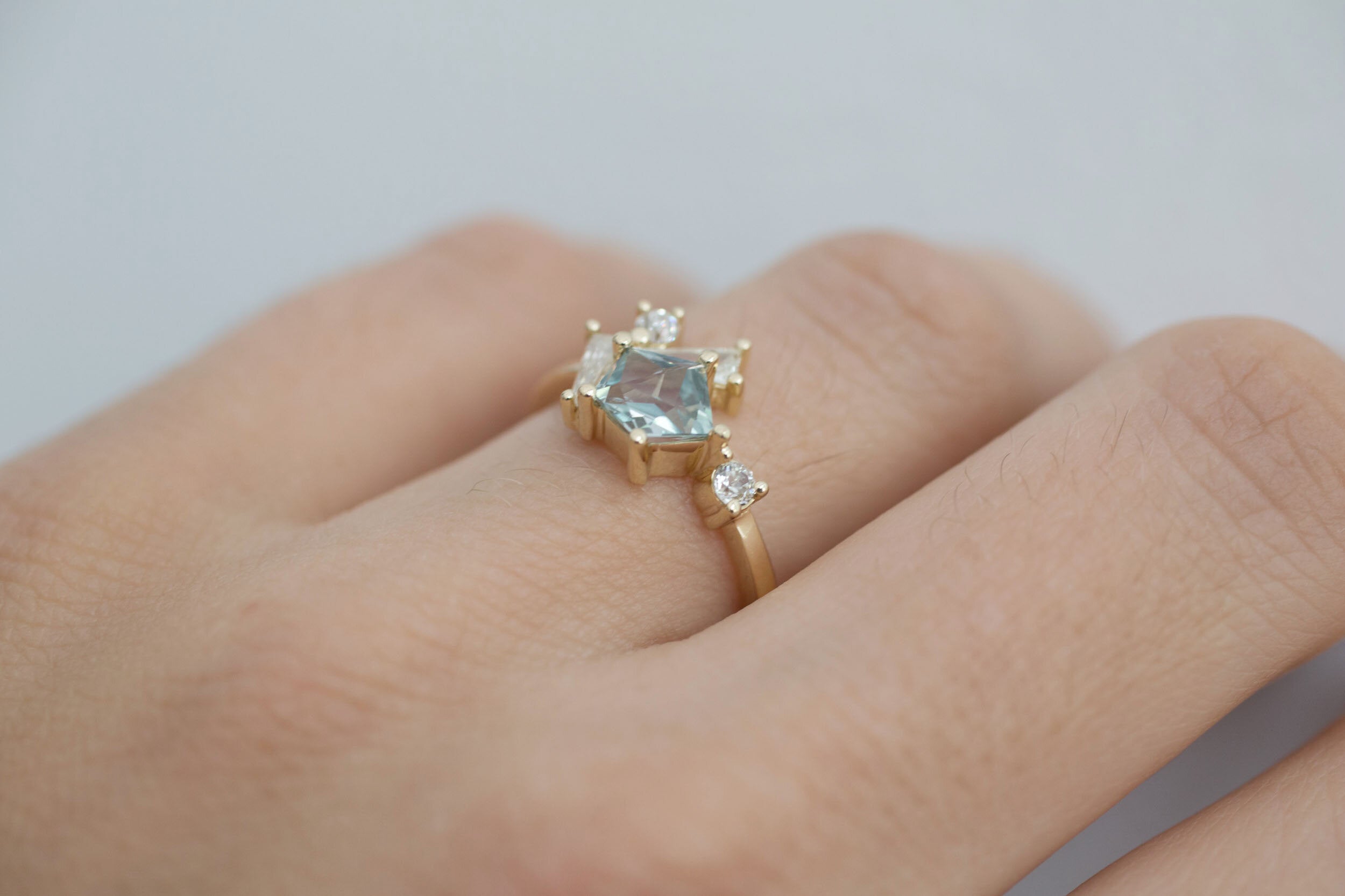 Geocut Montana Sapphire + Antique Baguette Diamond Cluster Engagement Ring | 14k Recycled Gold | One of a Kind