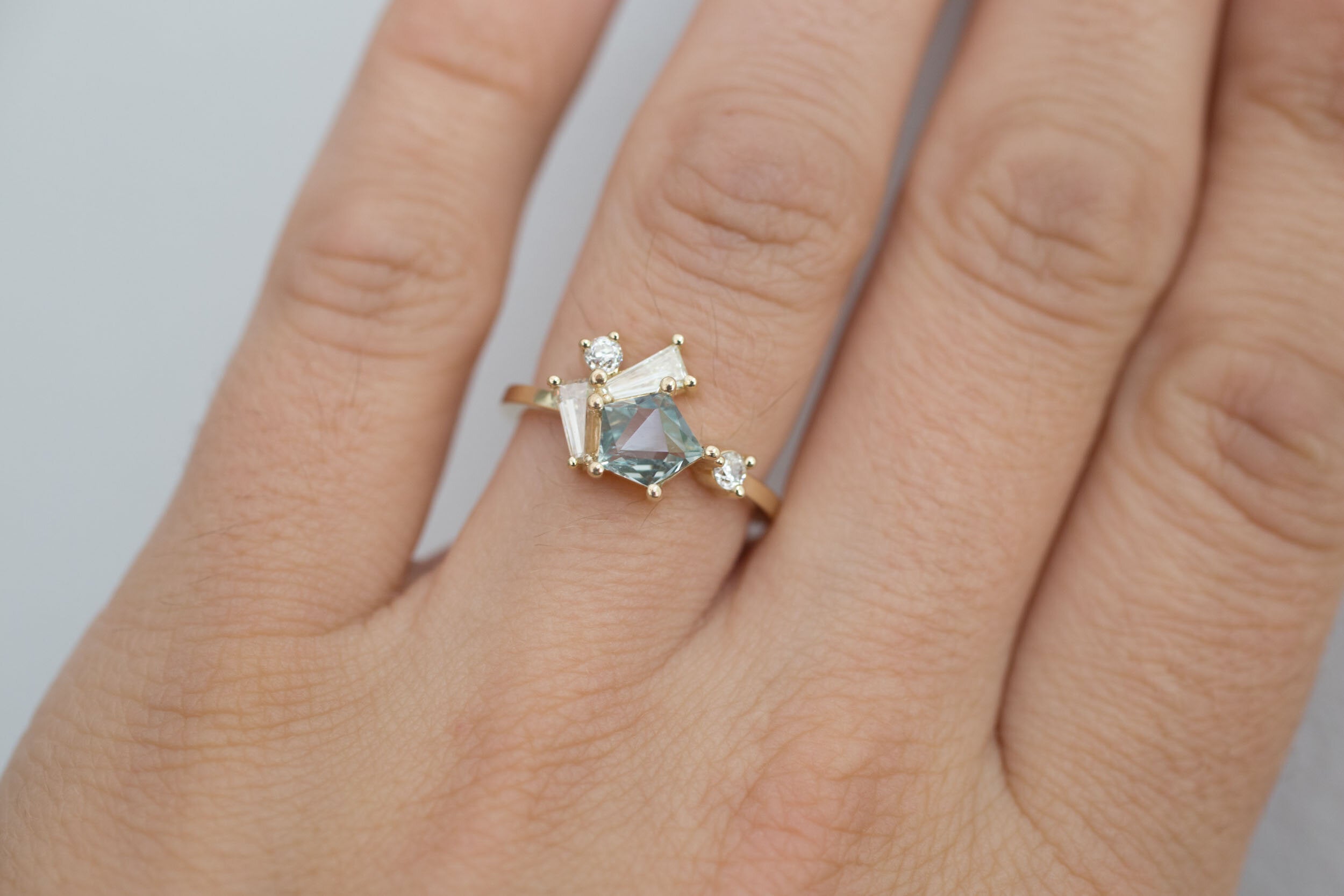 Geocut Montana Sapphire + Antique Baguette Diamond Cluster Engagement Ring | 14k Recycled Gold | One of a Kind