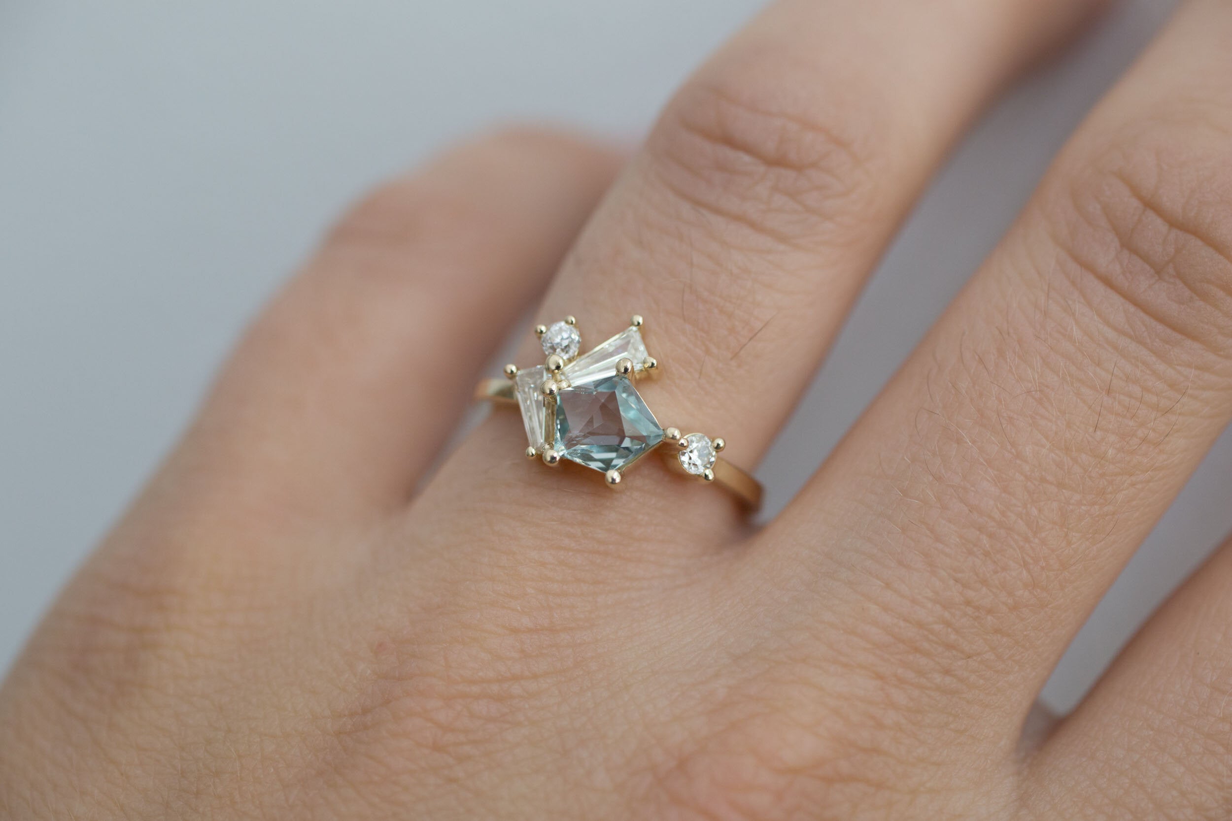 Geocut Montana Sapphire + Antique Baguette Diamond Cluster Engagement Ring | 14k Recycled Gold | One of a Kind