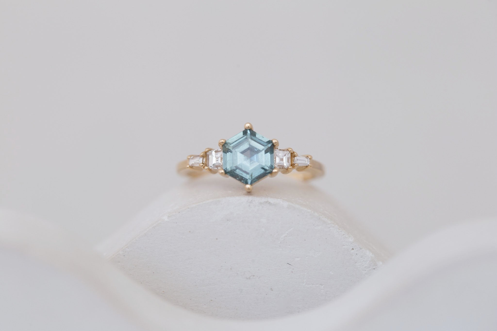 Mira Ring | Mint Montana Hexagon Sapphire + Diamond Step Cut Accent Engagement Ring 1.37 ct | 14k Recycled Gold | One of a Kind