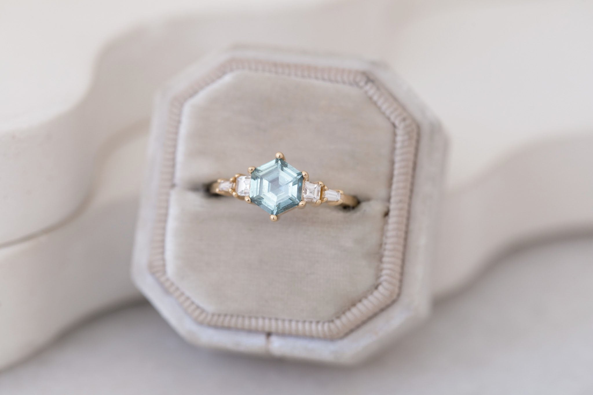 Mira Ring | Mint Montana Hexagon Sapphire + Diamond Step Cut Accent Engagement Ring 1.37 ct | 14k Recycled Gold | One of a Kind