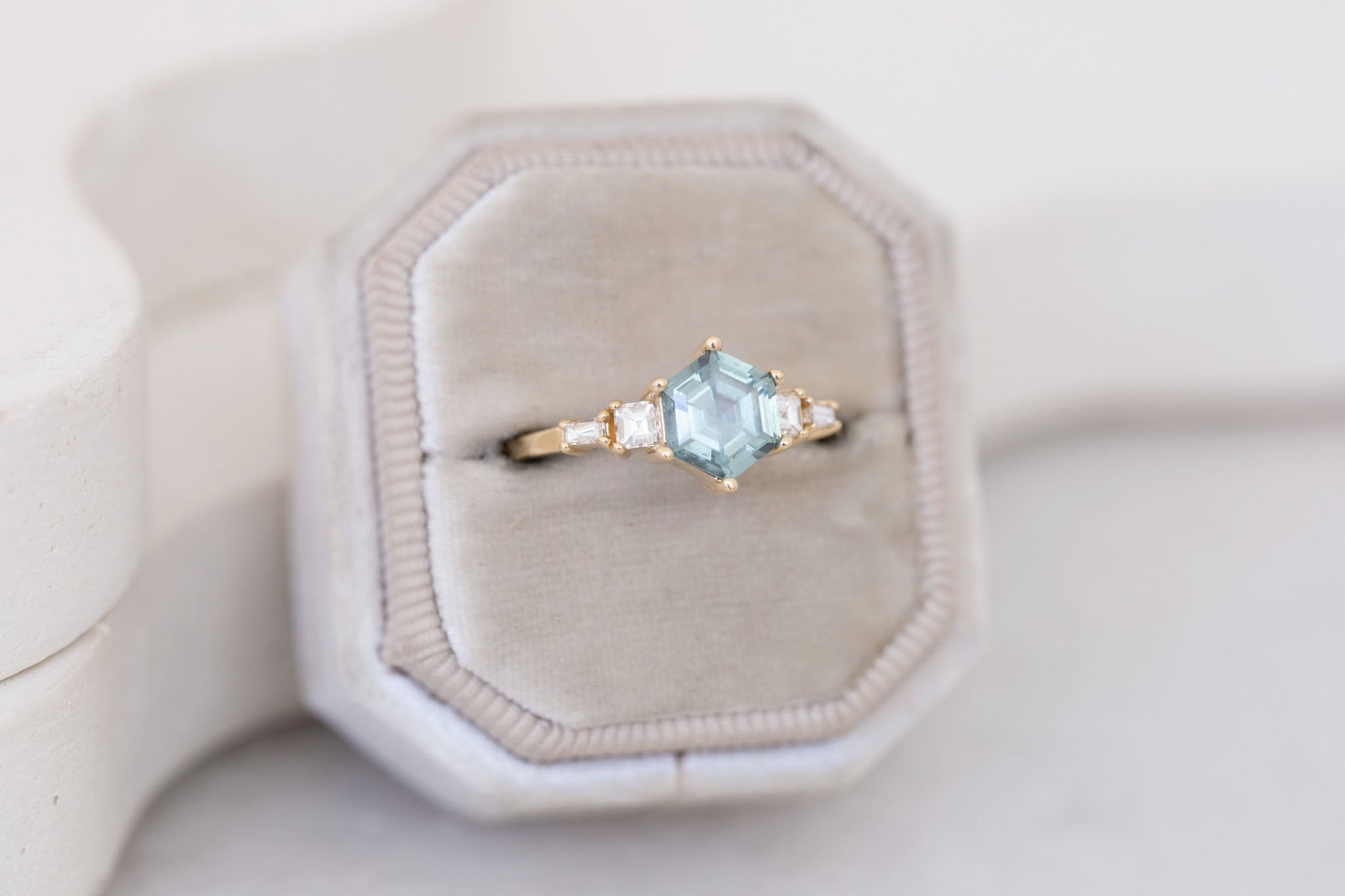 Mira Ring | Mint Montana Hexagon Sapphire + Diamond Step Cut Accent Engagement Ring 1.37 ct | 14k Recycled Gold | One of a Kind