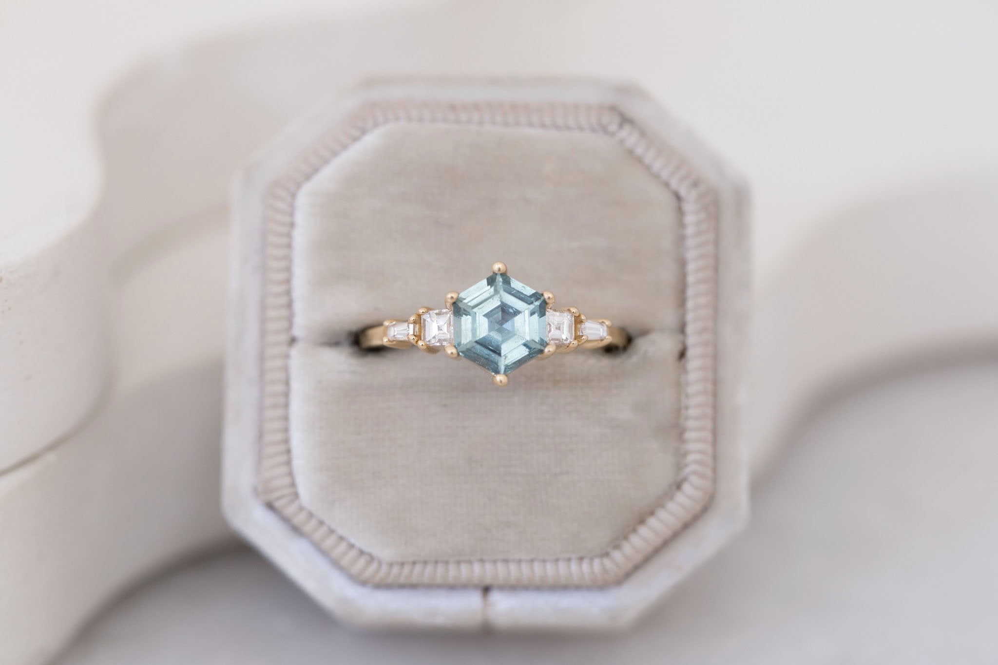 Mira Ring | Mint Montana Hexagon Sapphire + Diamond Step Cut Accent Engagement Ring 1.37 ct | 14k Recycled Gold | One of a Kind