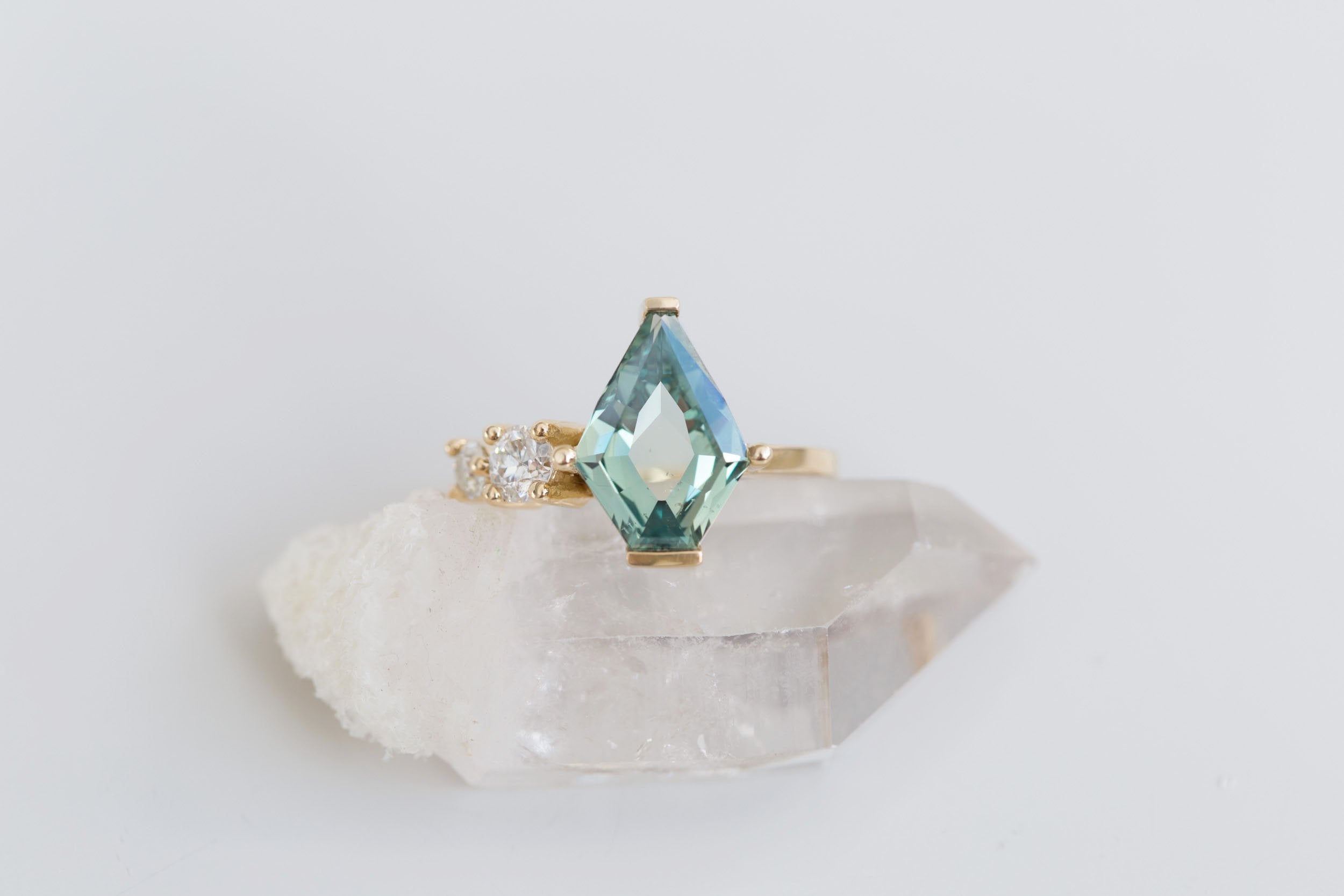 Fern Ring | Teal Shield Portrait Cut Montana Sapphire + Antique Diamonds Engagement Ring 3.37 ct | 14k Recycled Gold | One of a Kind
