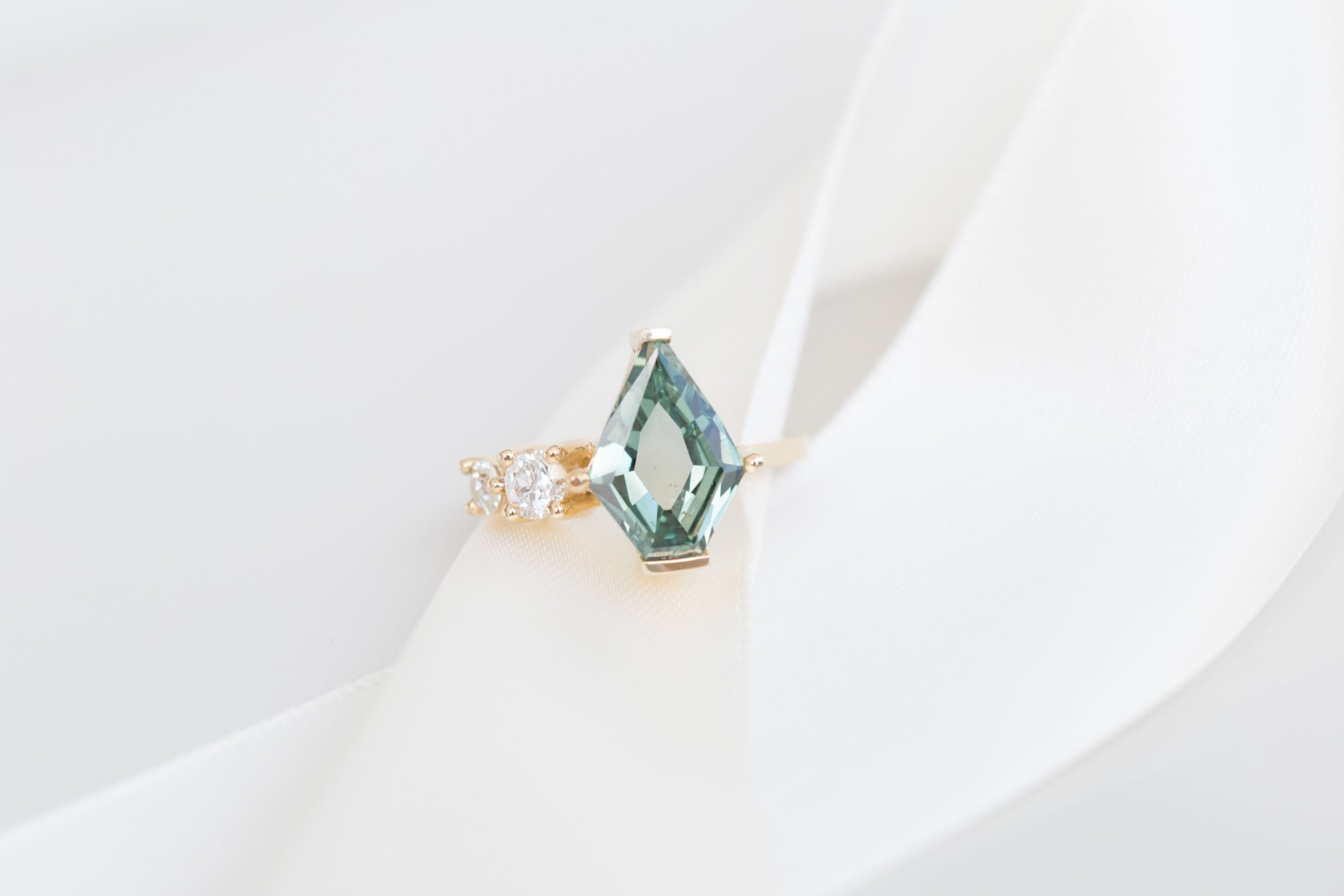Fern Ring | Teal Shield Portrait Cut Montana Sapphire + Antique Diamonds Engagement Ring 3.37 ct | 14k Recycled Gold | One of a Kind