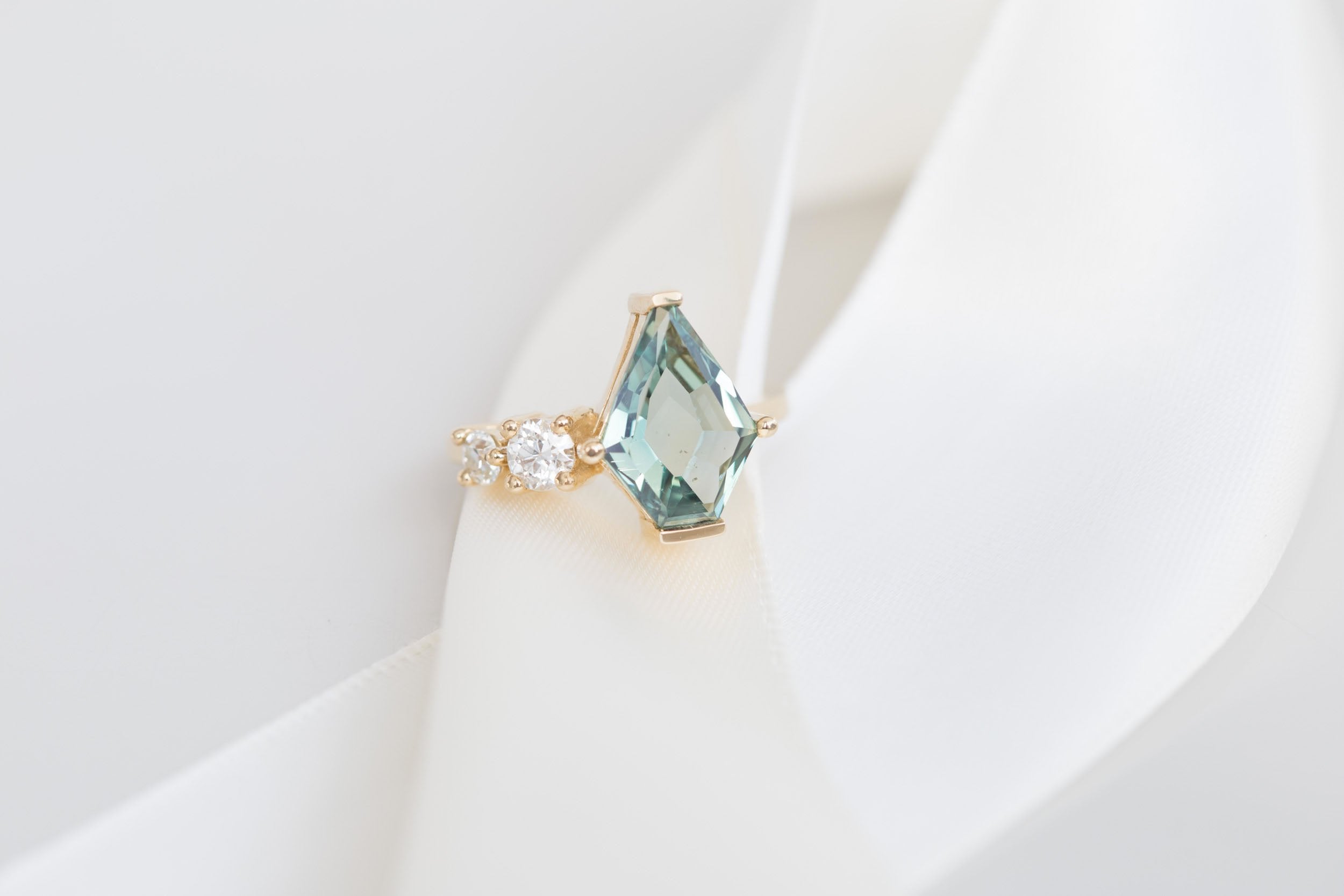 Fern Ring | Teal Shield Portrait Cut Montana Sapphire + Antique Diamonds Engagement Ring 3.37 ct | 14k Recycled Gold | One of a Kind