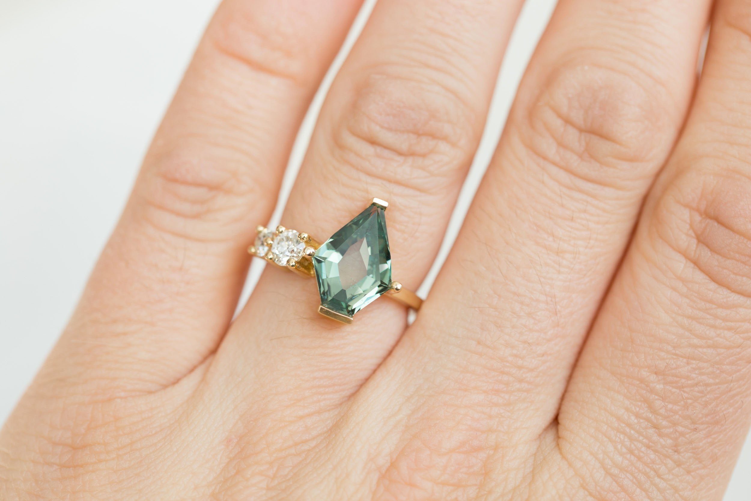 Fern Ring | Teal Shield Portrait Cut Montana Sapphire + Antique Diamonds Engagement Ring 3.37 ct | 14k Recycled Gold | One of a Kind