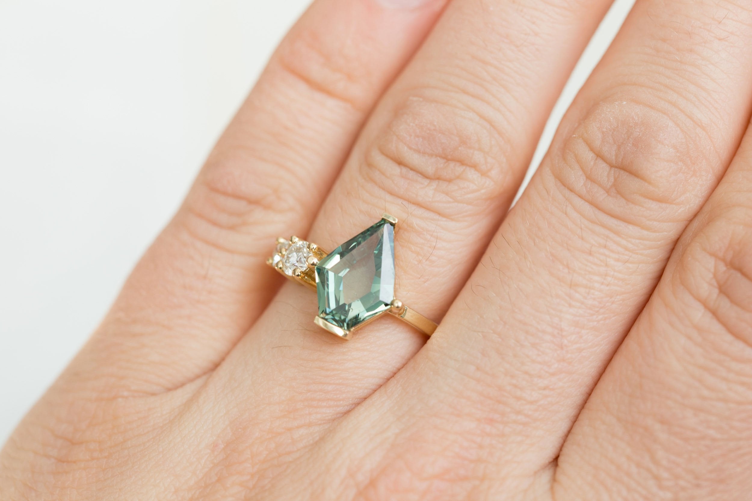 Fern Ring | Teal Shield Portrait Cut Montana Sapphire + Antique Diamonds Engagement Ring 3.37 ct | 14k Recycled Gold | One of a Kind