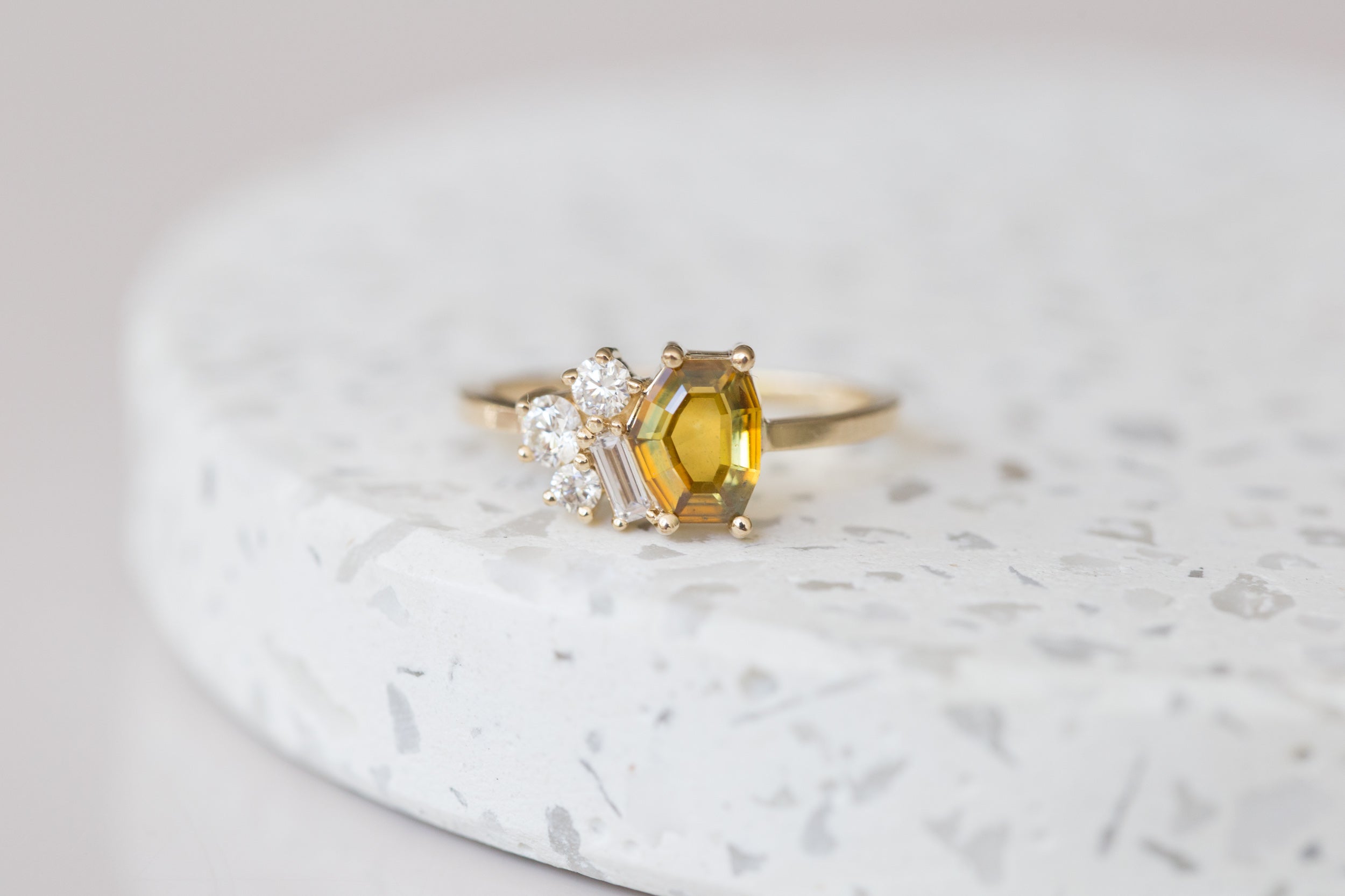 Bicolor Ochre Tablet Cut Montana Sapphire + Baguette and Round Diamond Cluster Engagement Ring | 14k Recycled Gold | One of a Kind