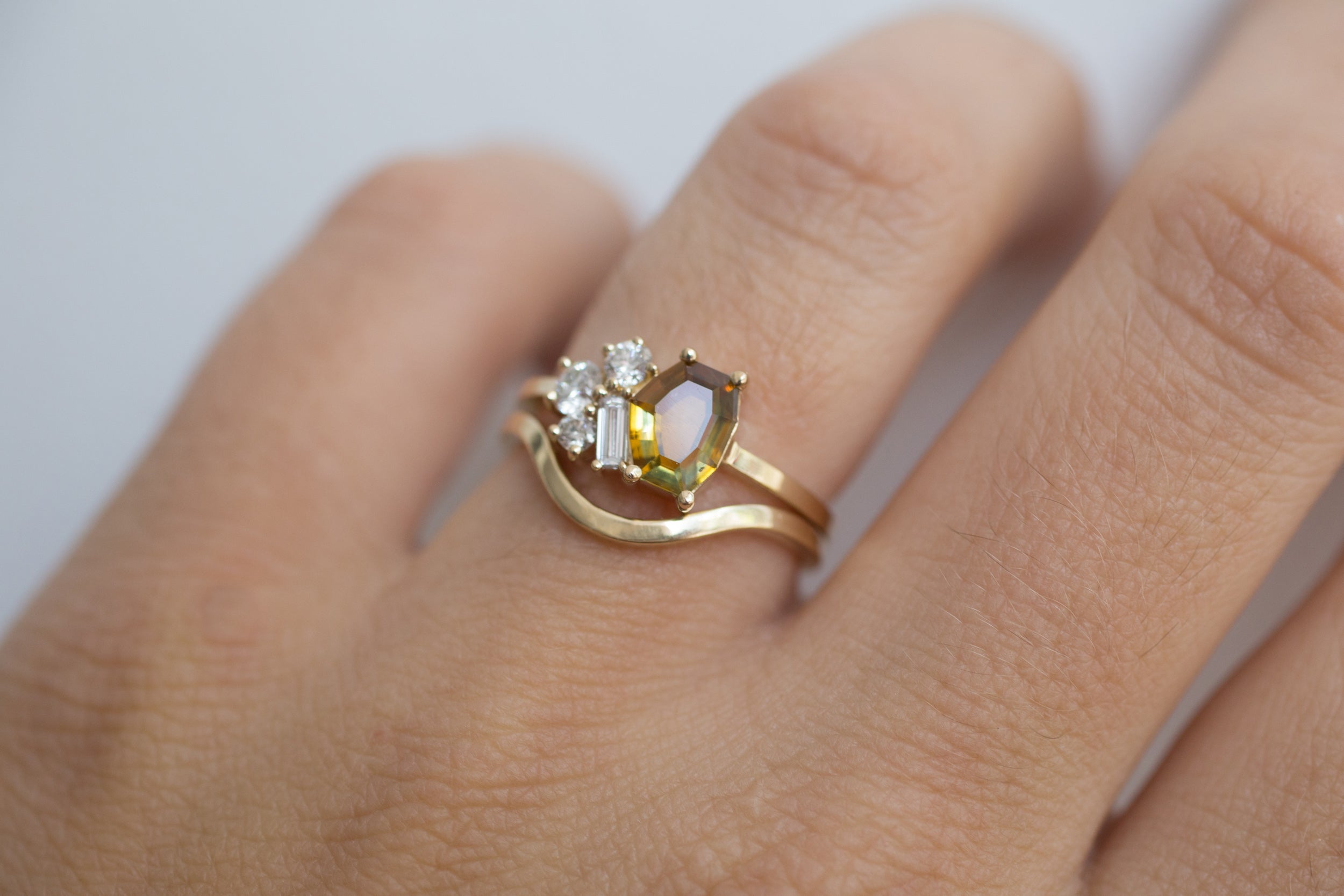 Bicolor Ochre Tablet Cut Montana Sapphire + Baguette and Round Diamond Cluster Engagement Ring | 14k Recycled Gold | One of a Kind